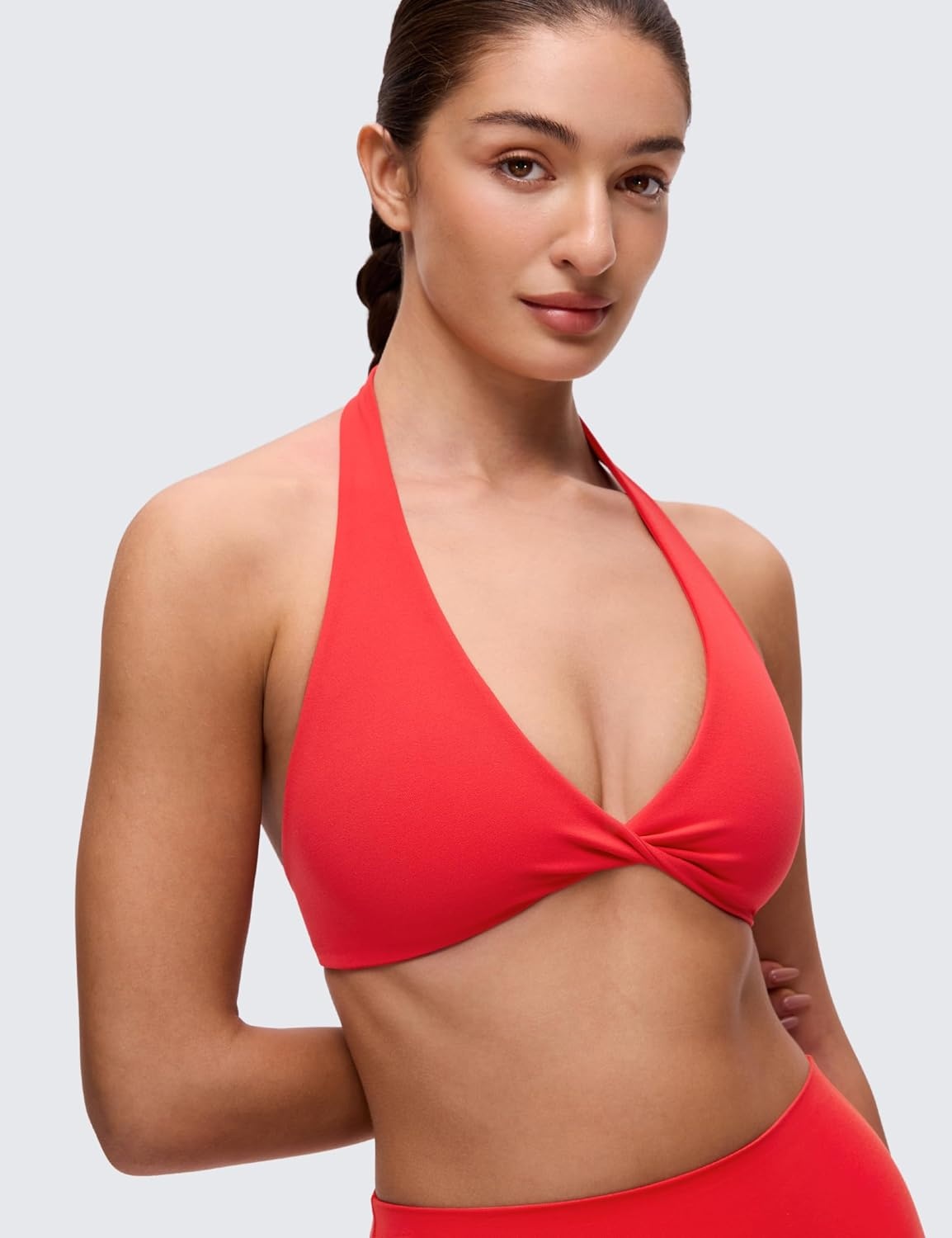 image:imageCRZ YOGA Butterluxe Double Lined Twist Halter Sports Bras for Women Deep V Neck Crop Top Casual Open Back Non PaddedDeep Red