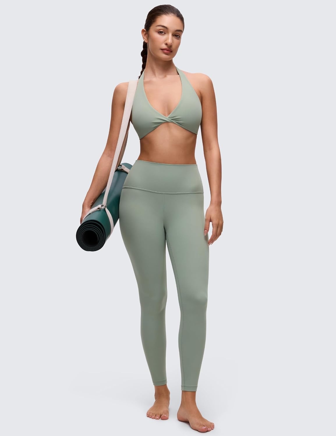 image:imageCRZ YOGA Butterluxe Double Lined Twist Halter Sports Bras for Women Deep V Neck Crop Top Casual Open Back Non PaddedGreen Palm Court