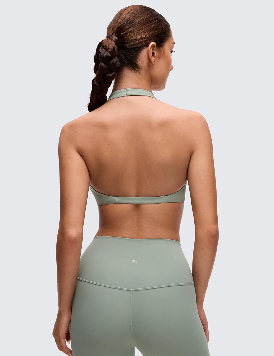 image:imageCRZ YOGA Butterluxe Double Lined Twist Halter Sports Bras for Women Deep V Neck Crop Top Casual Open Back Non PaddedGreen Palm Court