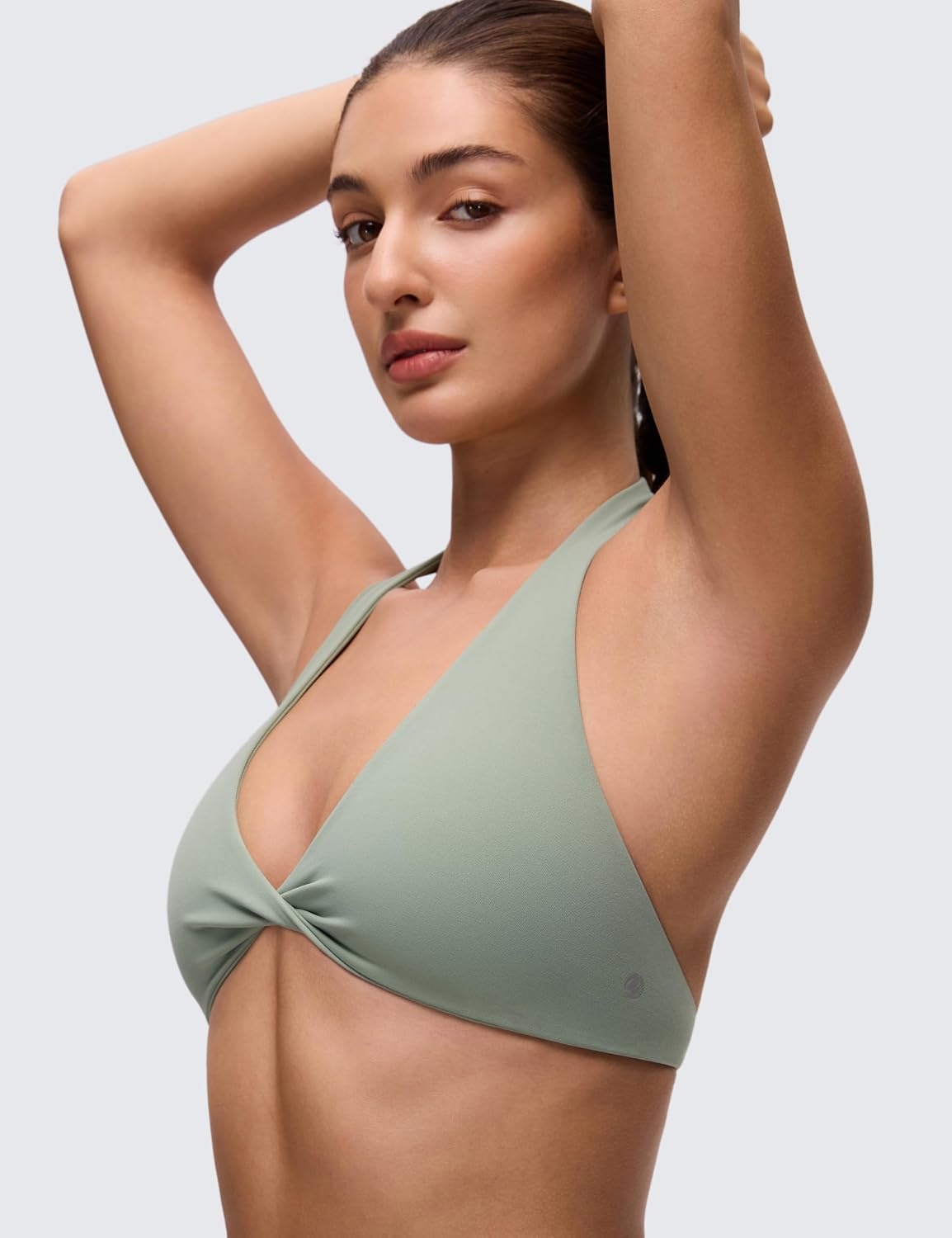 image:imageCRZ YOGA Butterluxe Double Lined Twist Halter Sports Bras for Women Deep V Neck Crop Top Casual Open Back Non PaddedGreen Palm Court