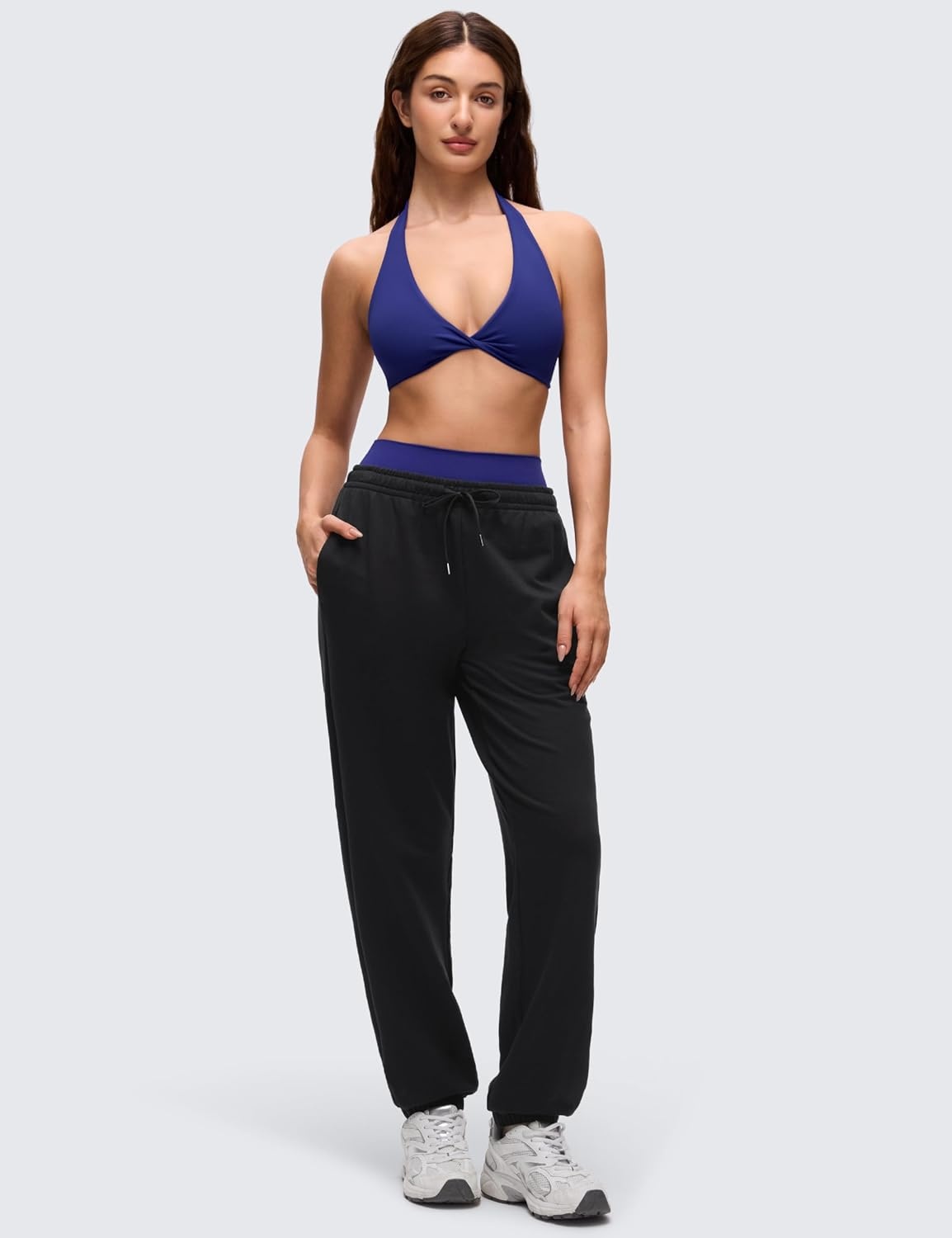 image:imageCRZ YOGA Butterluxe Double Lined Twist Halter Sports Bras for Women Deep V Neck Crop Top Casual Open Back Non PaddedLarkspur Blue
