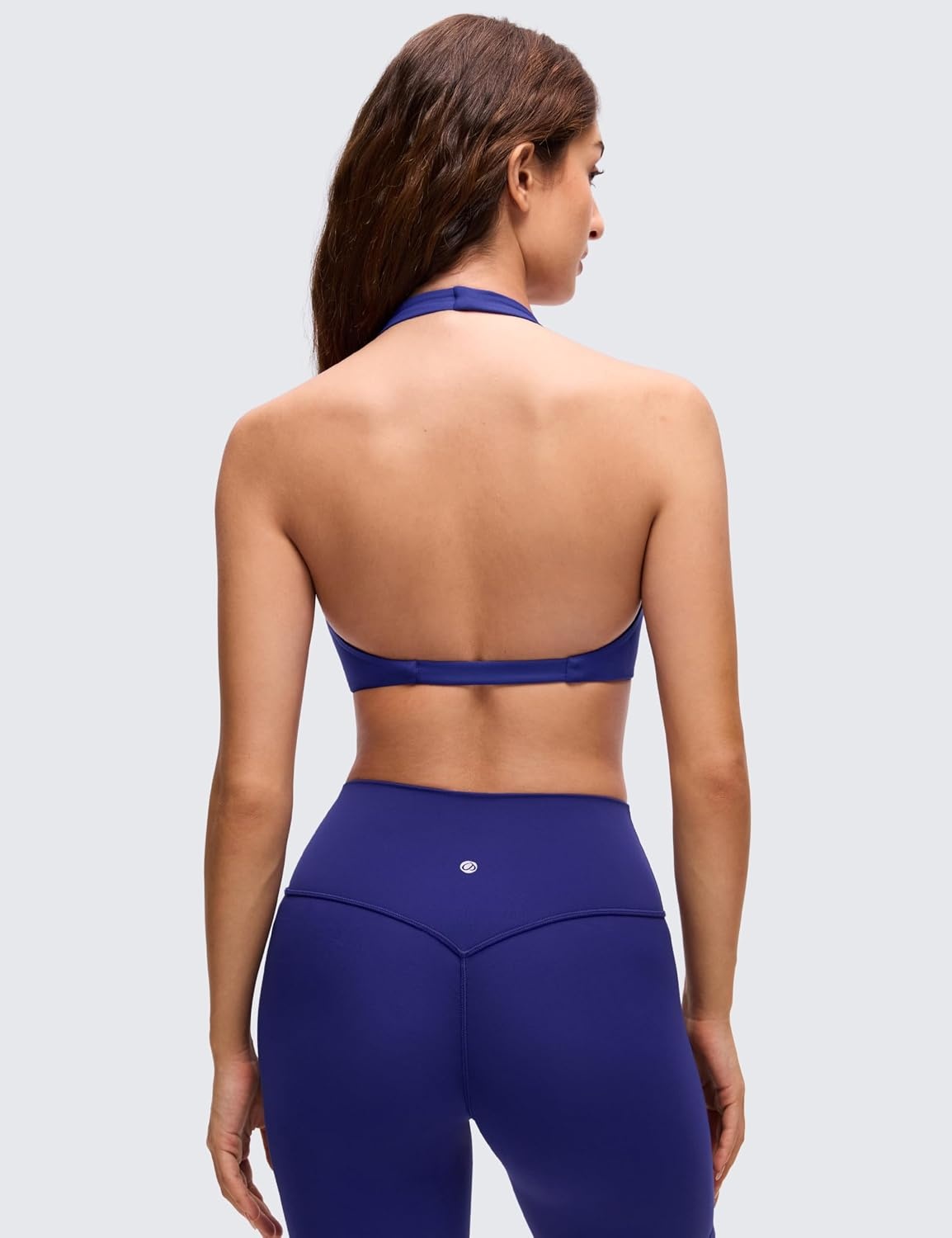 image:imageCRZ YOGA Butterluxe Double Lined Twist Halter Sports Bras for Women Deep V Neck Crop Top Casual Open Back Non PaddedLarkspur Blue