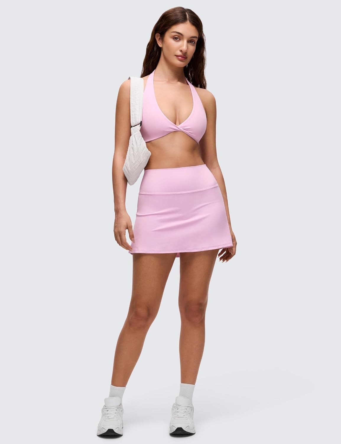 image:imageCRZ YOGA Butterluxe Double Lined Twist Halter Sports Bras for Women Deep V Neck Crop Top Casual Open Back Non PaddedVita Pink