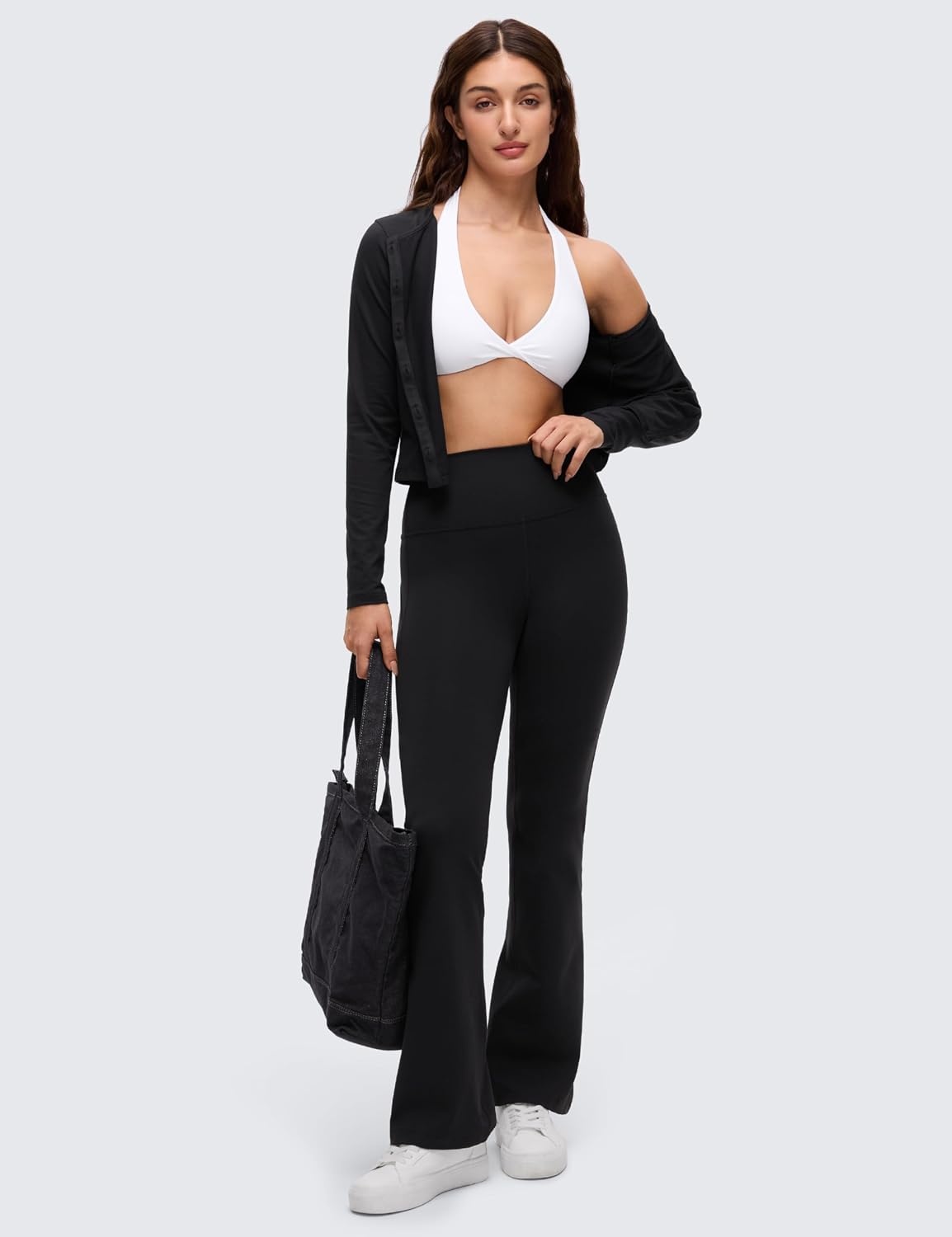 image:imageCRZ YOGA Butterluxe Double Lined Twist Halter Sports Bras for Women Deep V Neck Crop Top Casual Open Back Non PaddedWhite