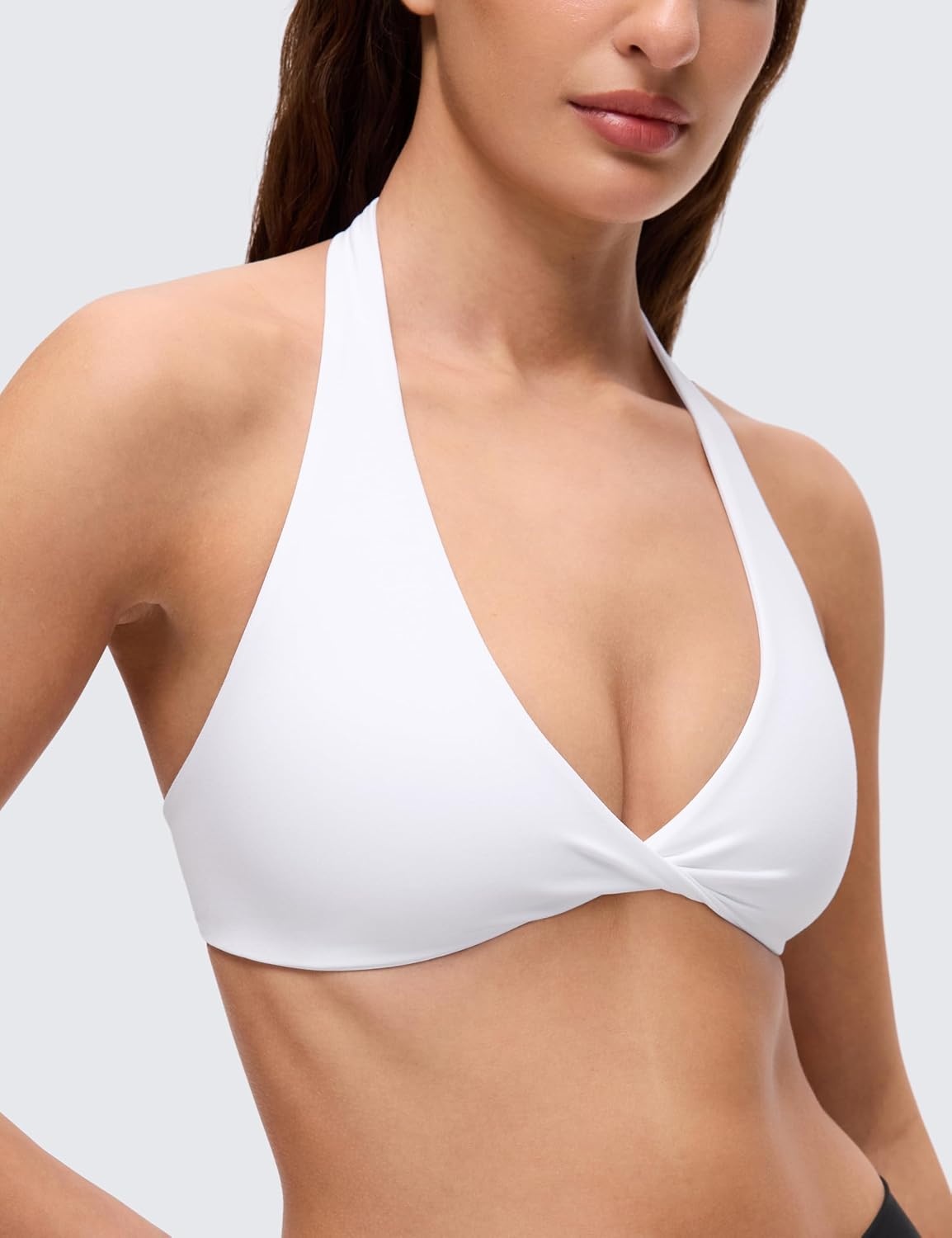 image:imageCRZ YOGA Butterluxe Double Lined Twist Halter Sports Bras for Women Deep V Neck Crop Top Casual Open Back Non PaddedWhite
