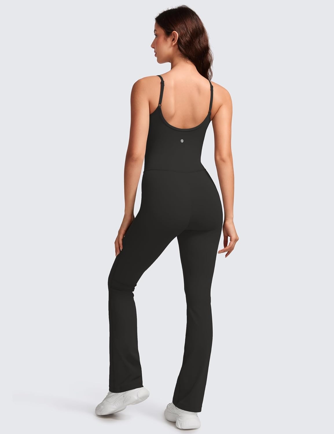 image:imageCRZ YOGA Butterluxe Flare Jumpsuits for Women Spaghetti Strap Workout Athletic Onesie Square Neck Bodysuits with Built in BraBlack