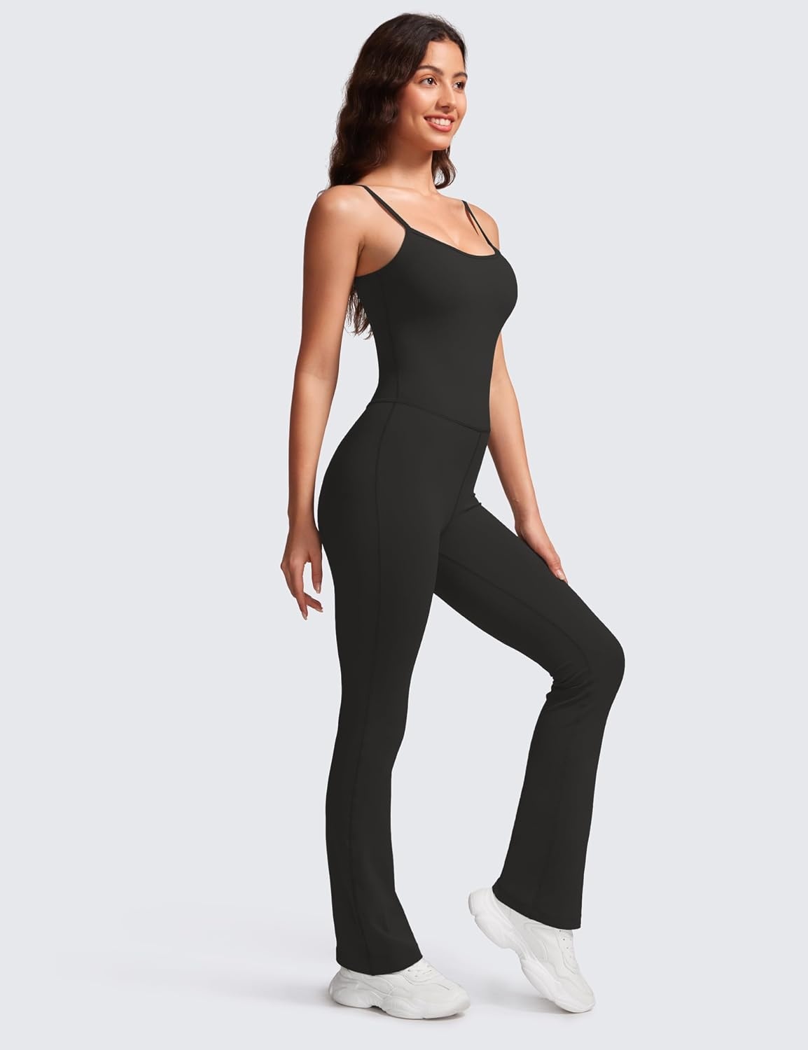 image:imageCRZ YOGA Butterluxe Flare Jumpsuits for Women Spaghetti Strap Workout Athletic Onesie Square Neck Bodysuits with Built in BraBlack