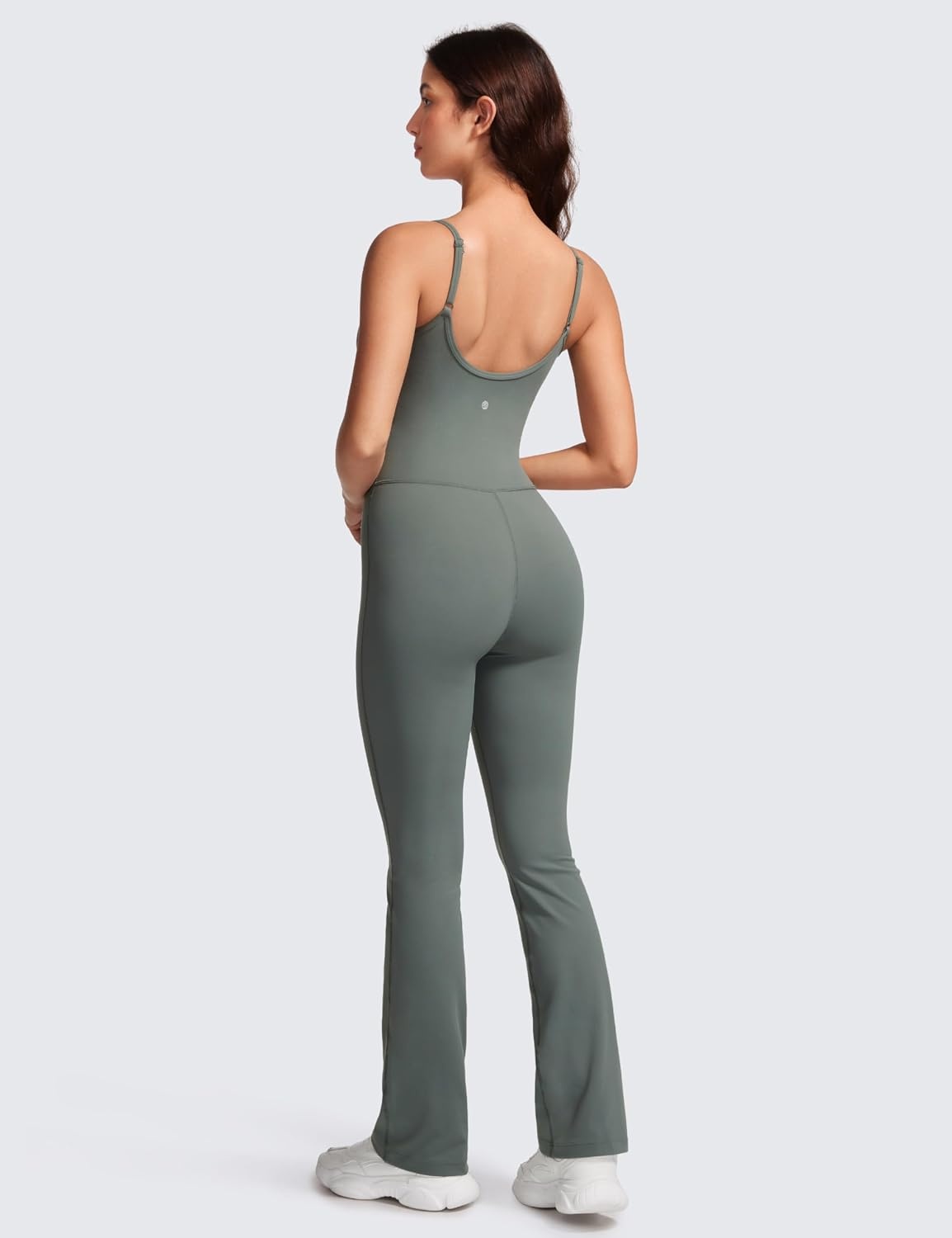 image:imageCRZ YOGA Butterluxe Flare Jumpsuits for Women Spaghetti Strap Workout Athletic Onesie Square Neck Bodysuits with Built in BraGrey Sage