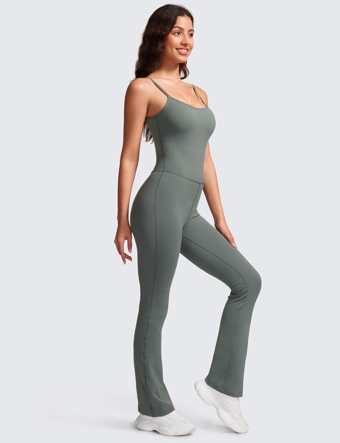 image:imageCRZ YOGA Butterluxe Flare Jumpsuits for Women Spaghetti Strap Workout Athletic Onesie Square Neck Bodysuits with Built in BraGrey Sage