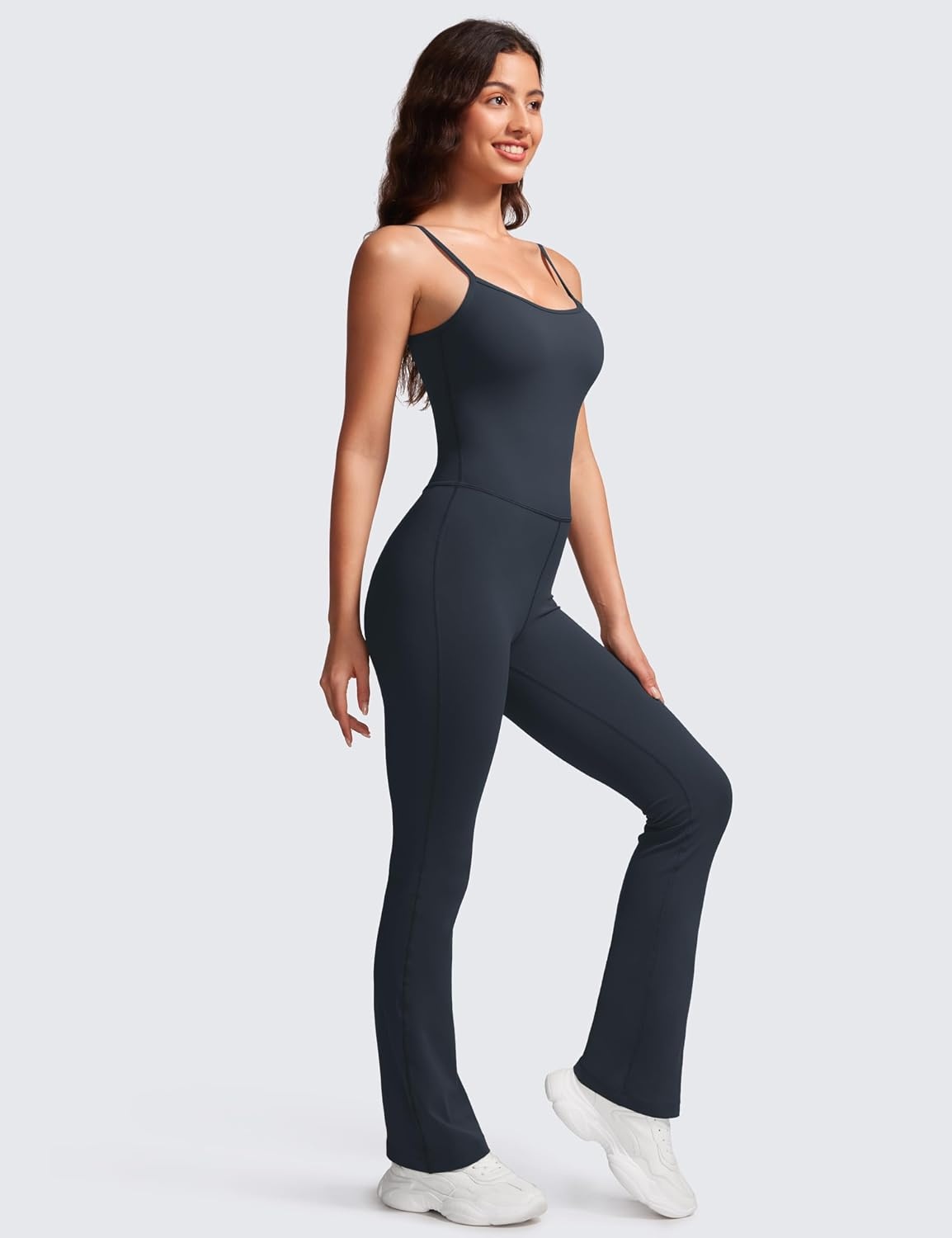 image:imageCRZ YOGA Butterluxe Flare Jumpsuits for Women Spaghetti Strap Workout Athletic Onesie Square Neck Bodysuits with Built in BraTrue Navy