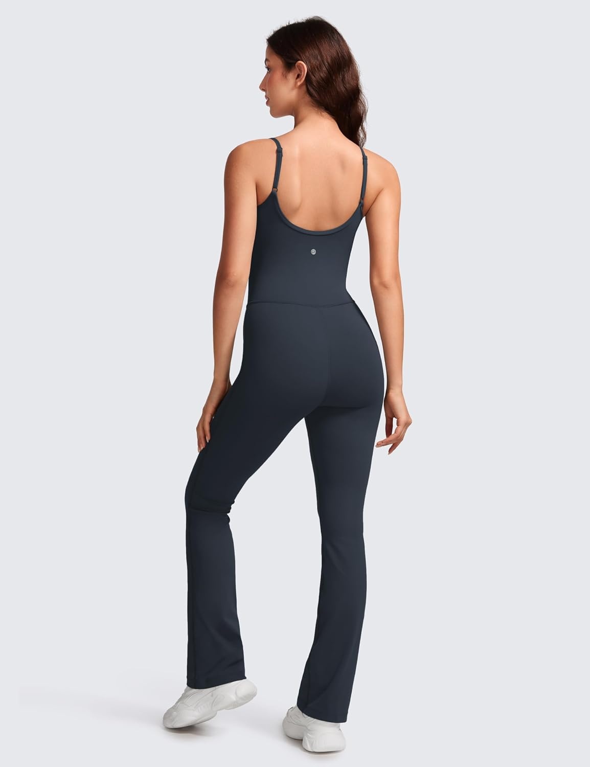 image:imageCRZ YOGA Butterluxe Flare Jumpsuits for Women Spaghetti Strap Workout Athletic Onesie Square Neck Bodysuits with Built in BraTrue Navy
