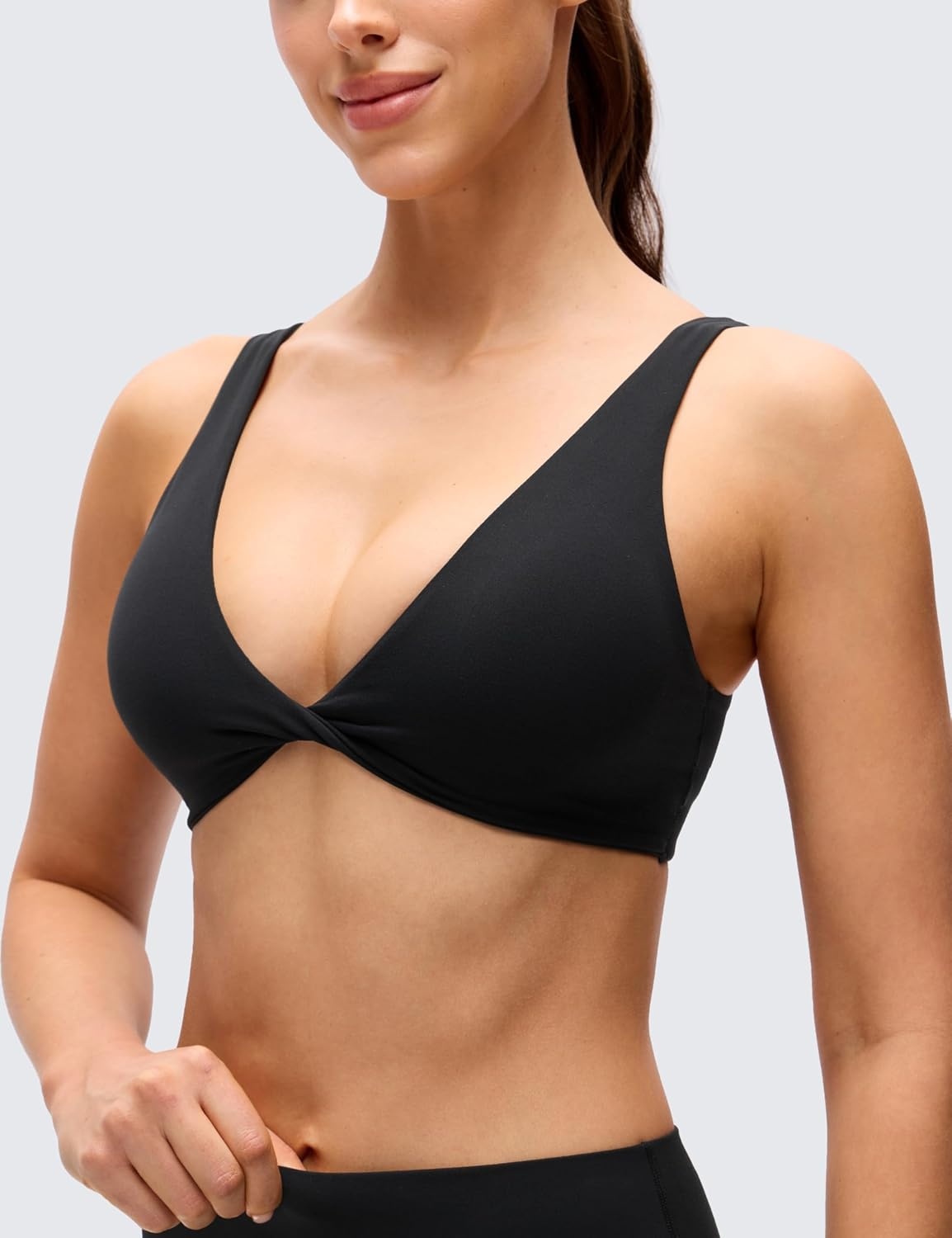 image:imageCRZ YOGA Butterluxe Front Twist Deep V Neck Sports Bras for Women Wide Straps Padded U Back Yoga Crop TopBlack