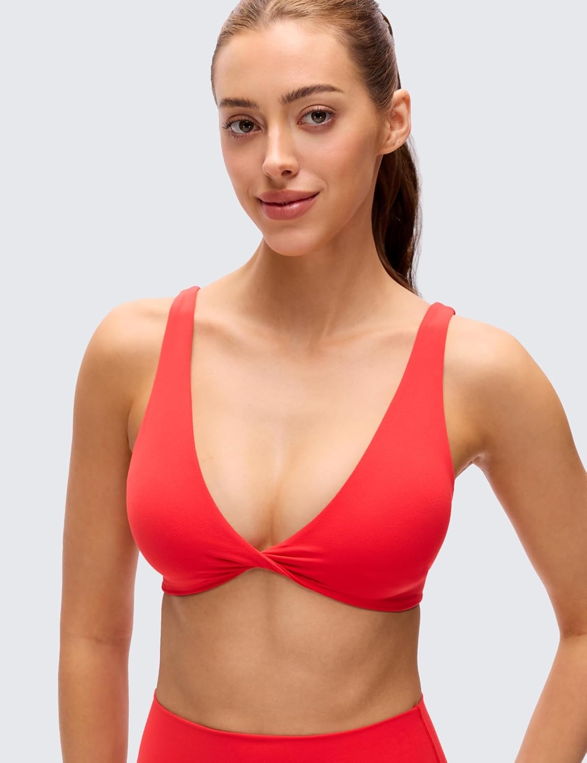 image:imageCRZ YOGA Butterluxe Front Twist Deep V Neck Sports Bras for Women Wide Straps Padded U Back Yoga Crop TopDeep Red