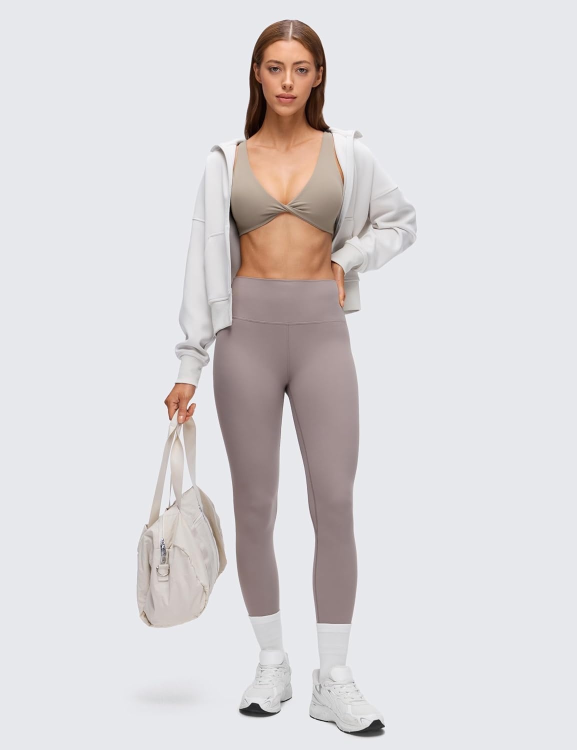 image:imageCRZ YOGA Butterluxe Front Twist Deep V Neck Sports Bras for Women Wide Straps Padded U Back Yoga Crop TopWarm Ash Grey
