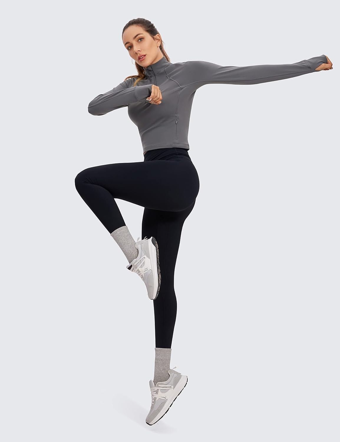 image:imageCRZ YOGA Butterluxe Half Zip Long Sleeve Shirts for Women Workout Athletic Yoga Tops Crop Collared Quarter Zipper TShirtDark Carbon