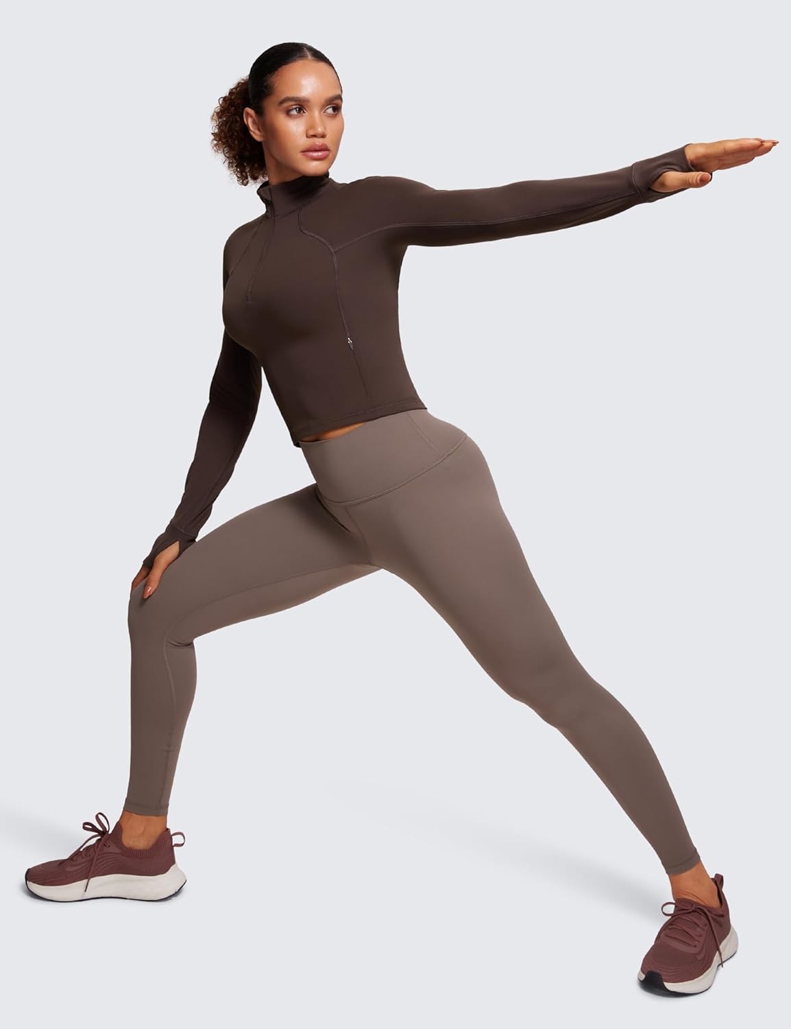 image:imageCRZ YOGA Butterluxe Half Zip Long Sleeve Shirts for Women Workout Athletic Yoga Tops Crop Collared Quarter Zipper TShirtHot Fudge Brown