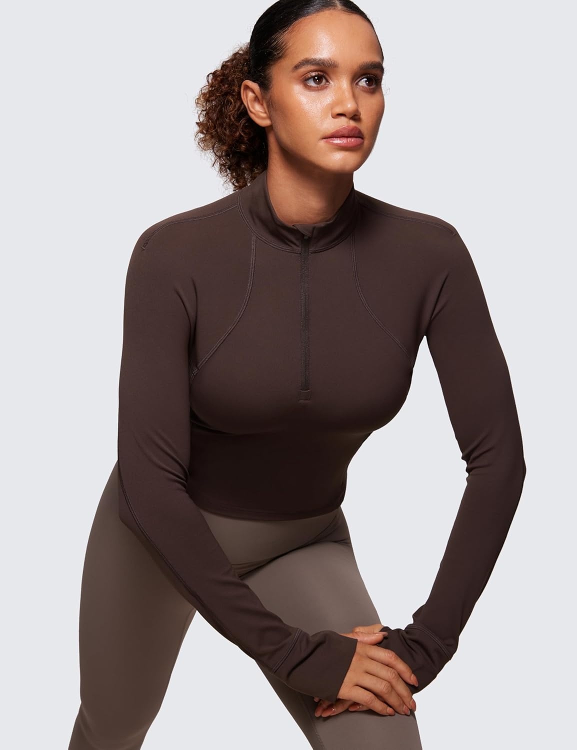image:imageCRZ YOGA Butterluxe Half Zip Long Sleeve Shirts for Women Workout Athletic Yoga Tops Crop Collared Quarter Zipper TShirtHot Fudge Brown