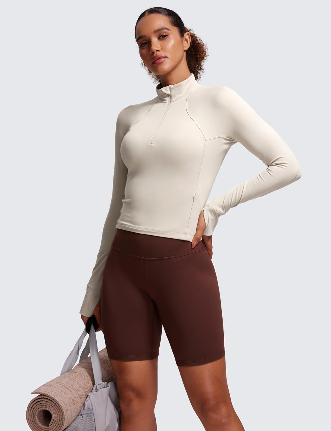image:imageCRZ YOGA Butterluxe Half Zip Long Sleeve Shirts for Women Workout Athletic Yoga Tops Crop Collared Quarter Zipper TShirtMojave Tan