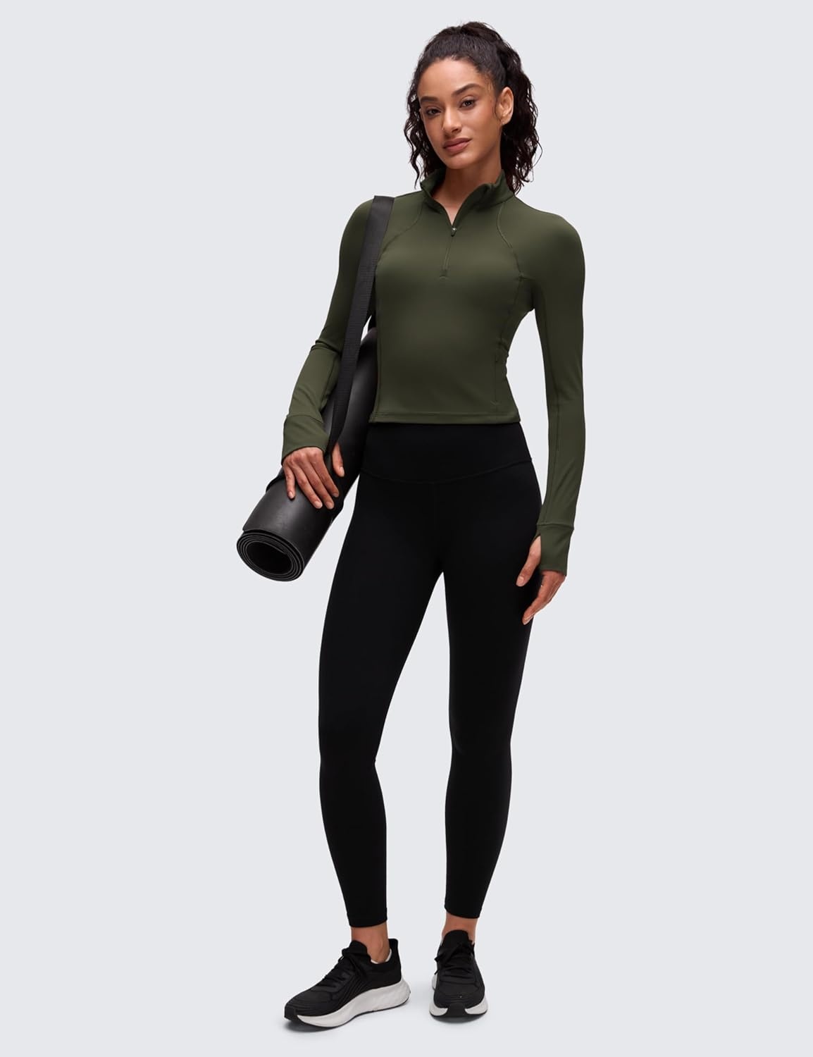 image:imageCRZ YOGA Butterluxe Half Zip Long Sleeve Shirts for Women Workout Athletic Yoga Tops Crop Collared Quarter Zipper TShirtOlive Green