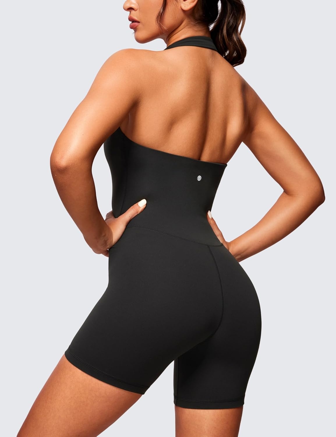 image:imageCRZ YOGA Butterluxe Halter Backless Athletic Rompers for Women Workout Bodycon One Piece Shorts Jumpsuit with PadsBlack