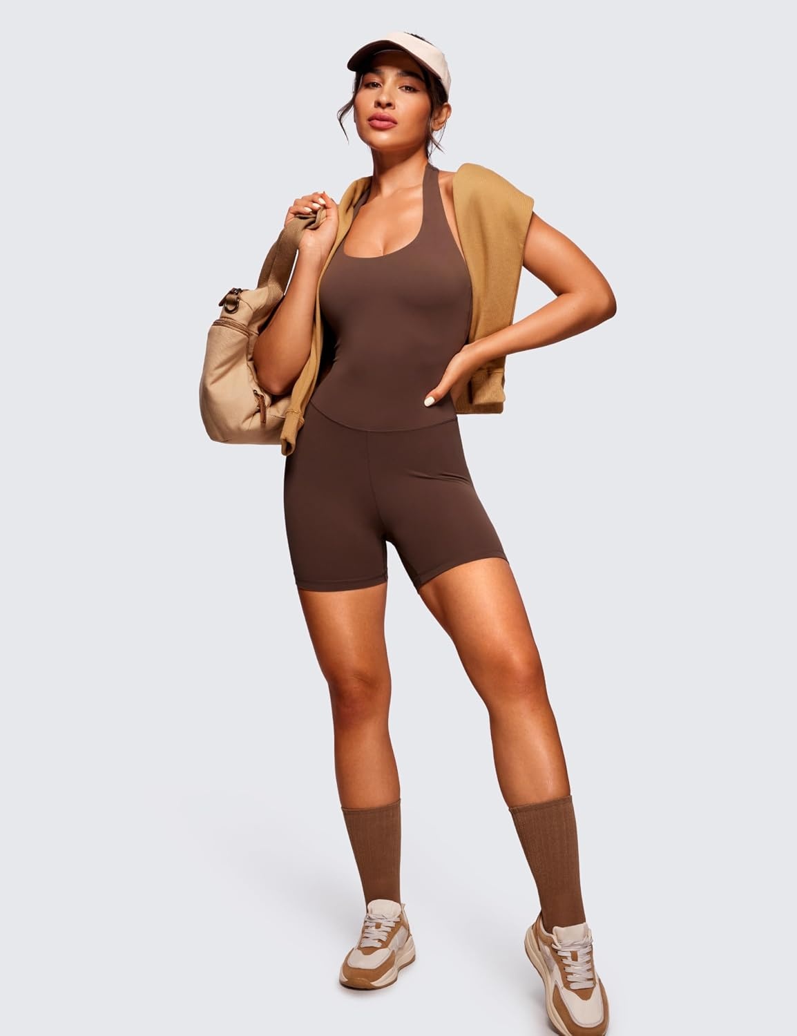 image:imageCRZ YOGA Butterluxe Halter Backless Athletic Rompers for Women Workout Bodycon One Piece Shorts Jumpsuit with PadsCoffee Brown