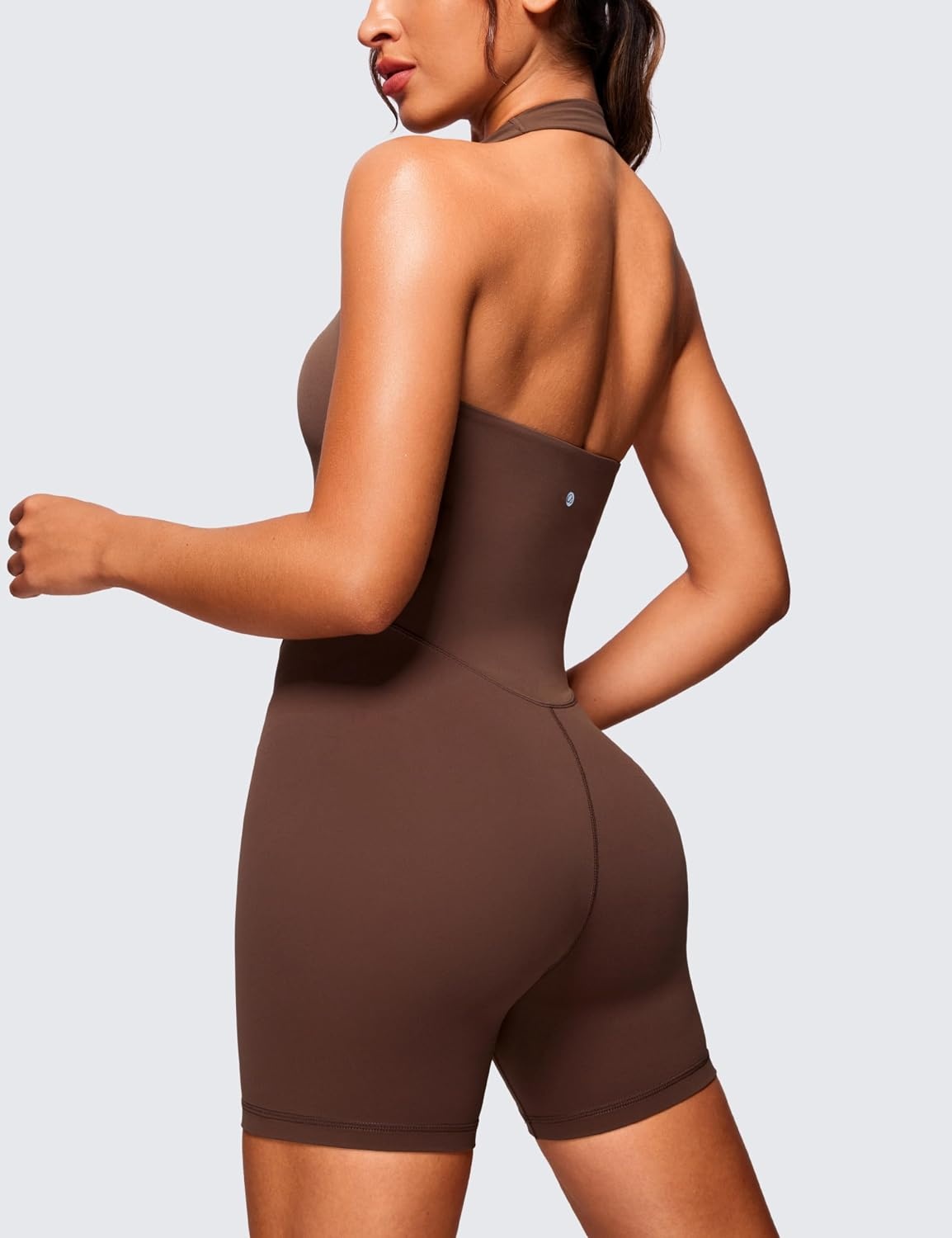 image:imageCRZ YOGA Butterluxe Halter Backless Athletic Rompers for Women Workout Bodycon One Piece Shorts Jumpsuit with PadsCoffee Brown