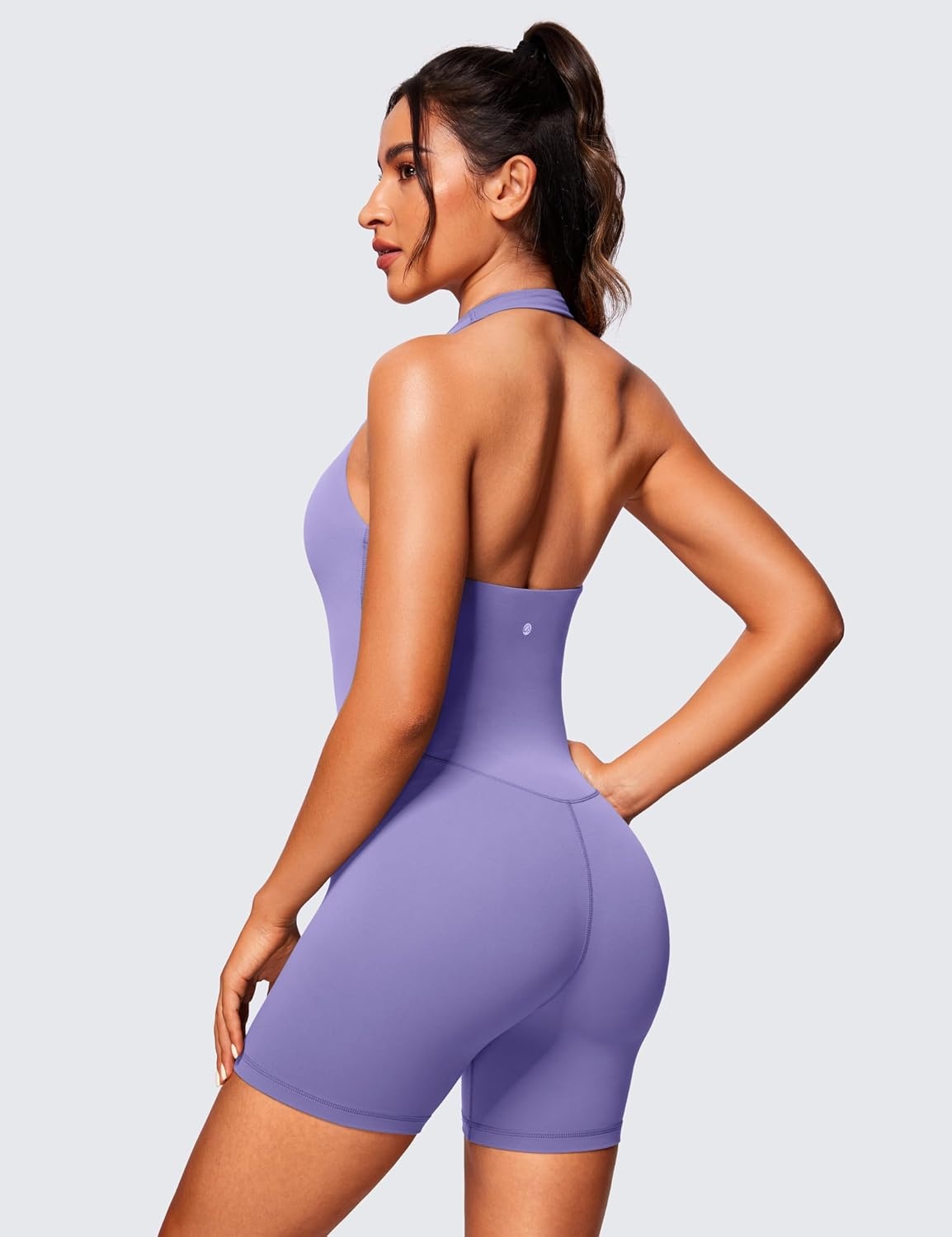 image:imageCRZ YOGA Butterluxe Halter Backless Athletic Rompers for Women Workout Bodycon One Piece Shorts Jumpsuit with PadsDark Lavender Purple