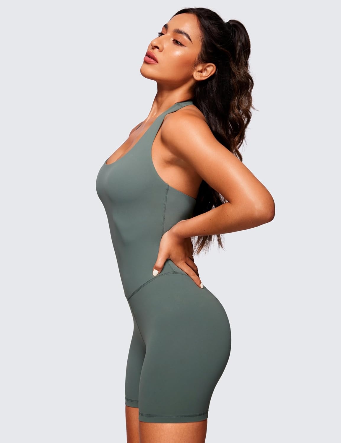 image:imageCRZ YOGA Butterluxe Halter Backless Athletic Rompers for Women Workout Bodycon One Piece Shorts Jumpsuit with PadsGrey Sage
