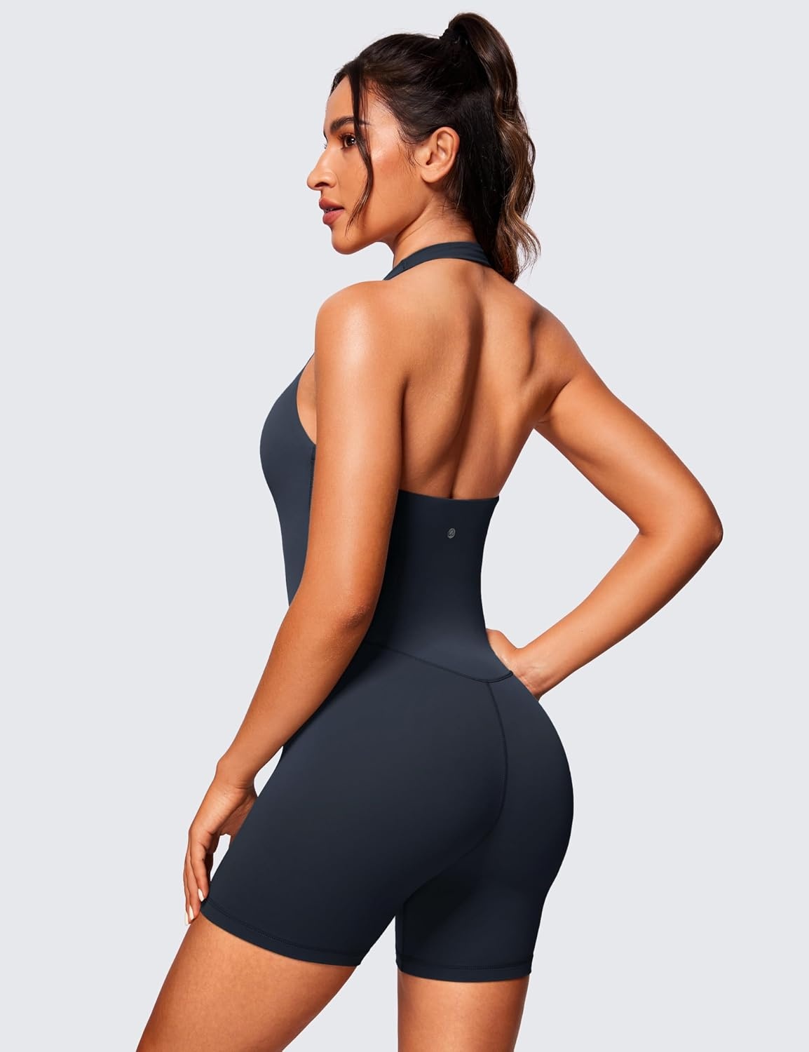 image:imageCRZ YOGA Butterluxe Halter Backless Athletic Rompers for Women Workout Bodycon One Piece Shorts Jumpsuit with PadsTrue Navy