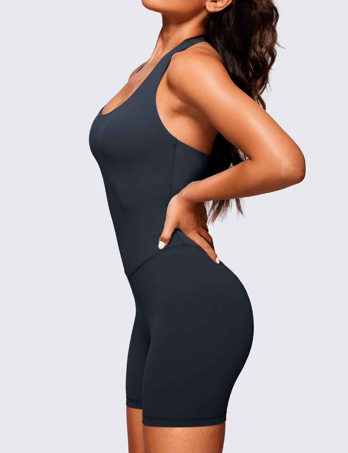 image:imageCRZ YOGA Butterluxe Halter Backless Athletic Rompers for Women Workout Bodycon One Piece Shorts Jumpsuit with PadsTrue Navy