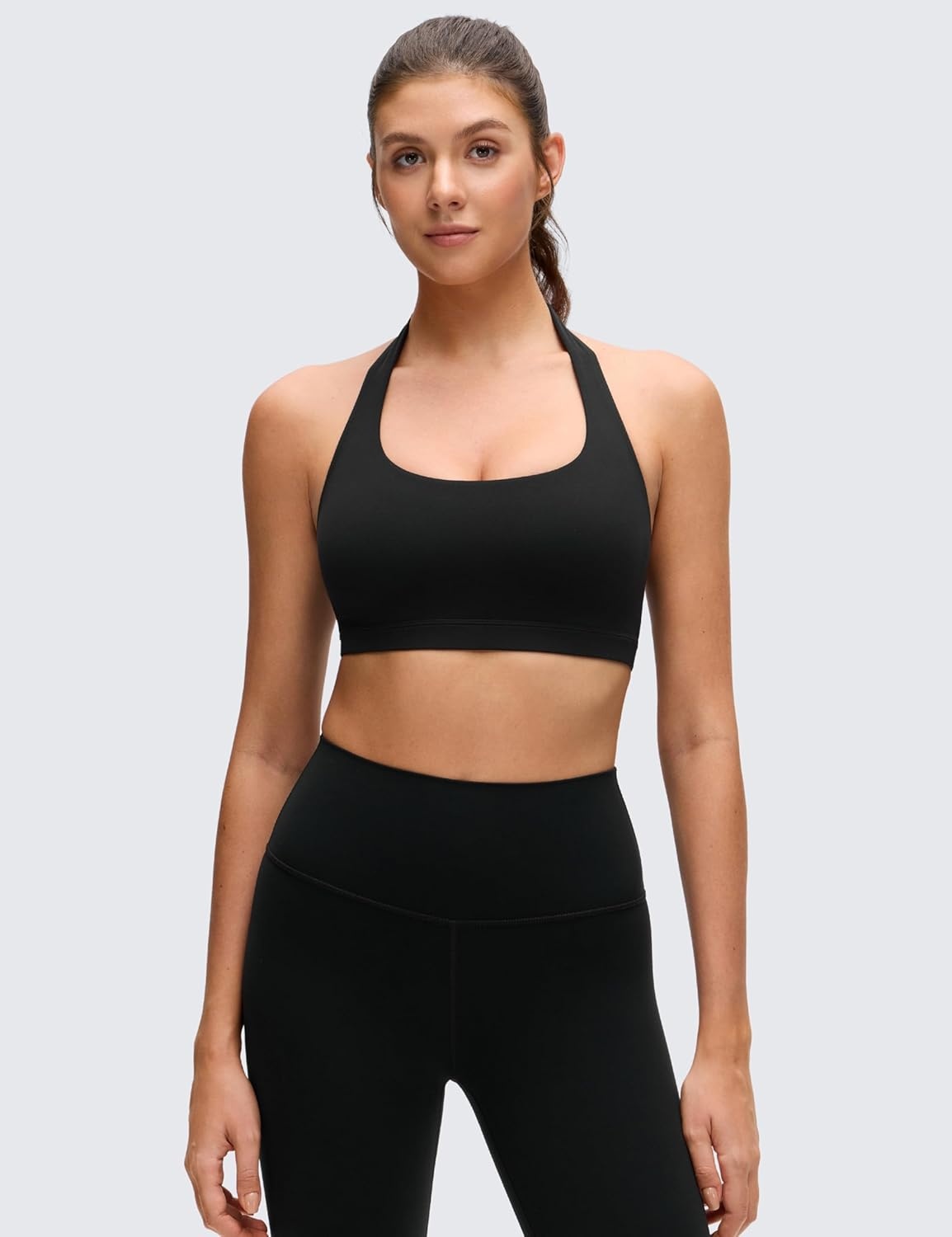 image:imageCRZ YOGA Butterluxe Halter Sports Bras for Women Scoop Neck Padded Open Back Yoga Crop Gym Tops Low ImpactBlack