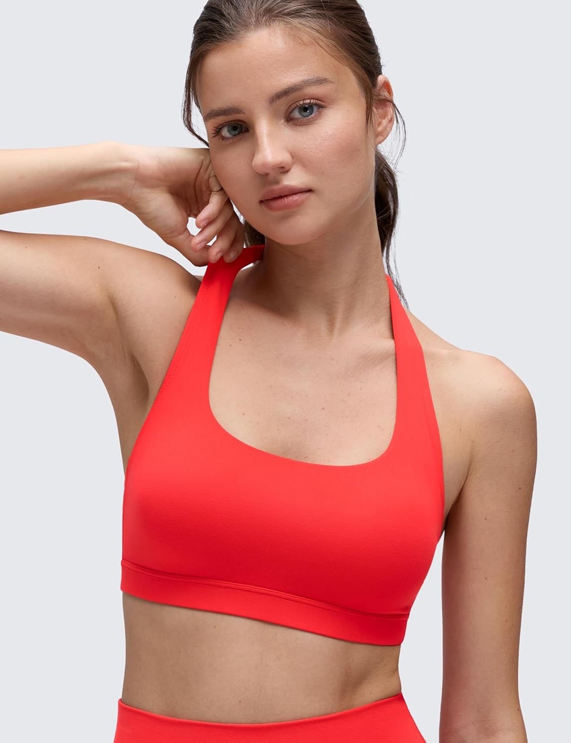 image:imageCRZ YOGA Butterluxe Halter Sports Bras for Women Scoop Neck Padded Open Back Yoga Crop Gym Tops Low ImpactDeep Red
