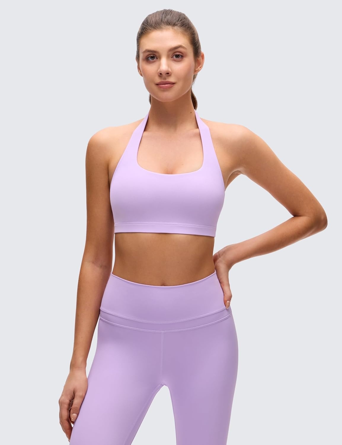 image:imageCRZ YOGA Butterluxe Halter Sports Bras for Women Scoop Neck Padded Open Back Yoga Crop Gym Tops Low ImpactElfin Purple