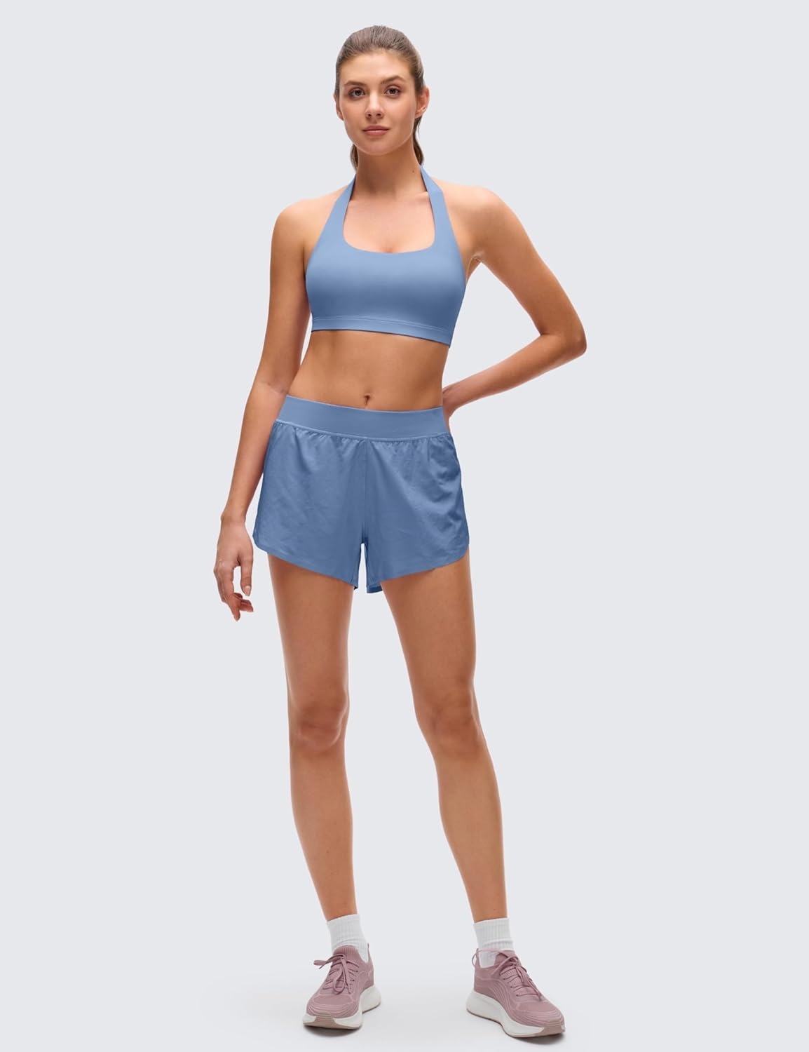 image:imageCRZ YOGA Butterluxe Halter Sports Bras for Women Scoop Neck Padded Open Back Yoga Crop Gym Tops Low ImpactOasis Blue