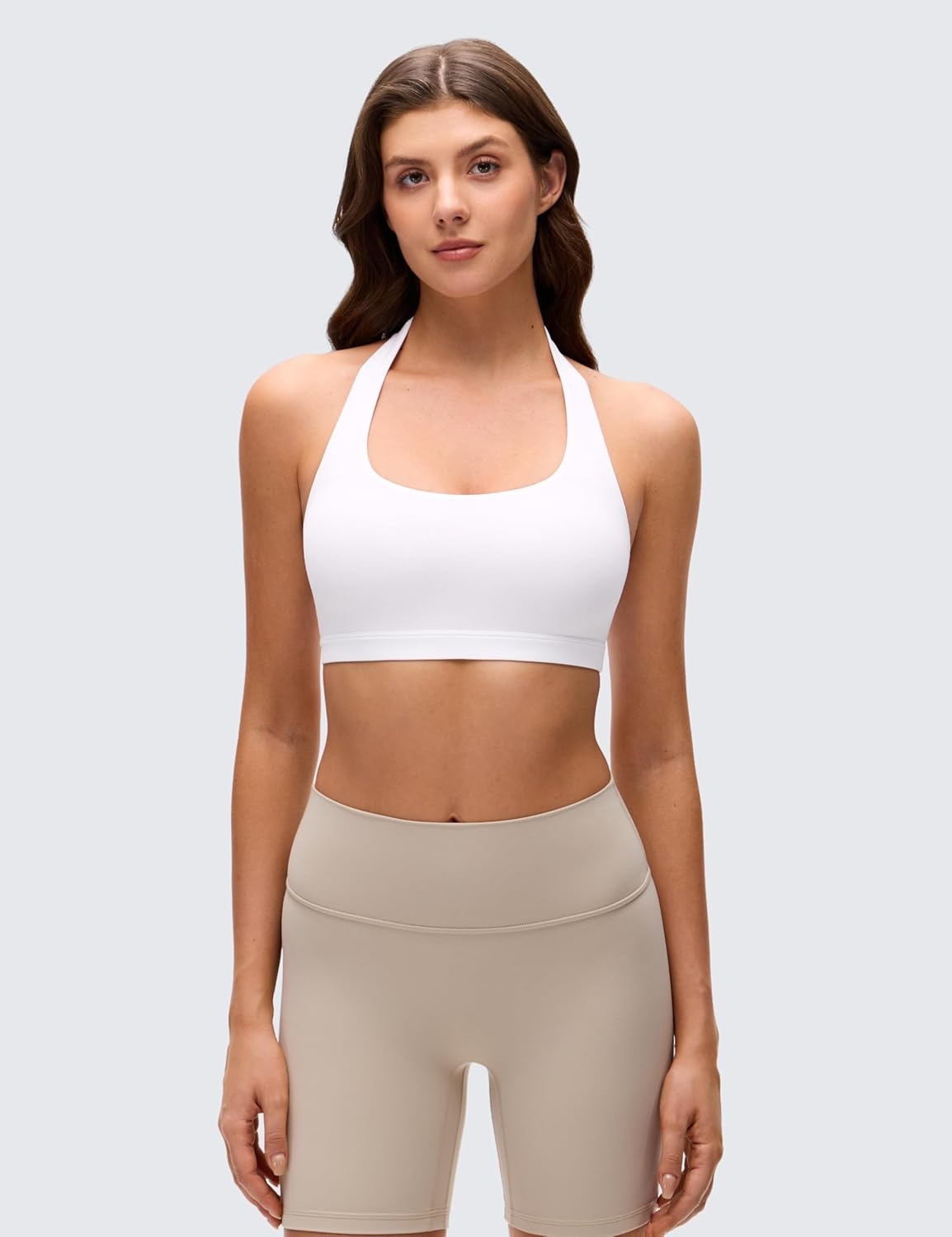 image:imageCRZ YOGA Butterluxe Halter Sports Bras for Women Scoop Neck Padded Open Back Yoga Crop Gym Tops Low ImpactWhite