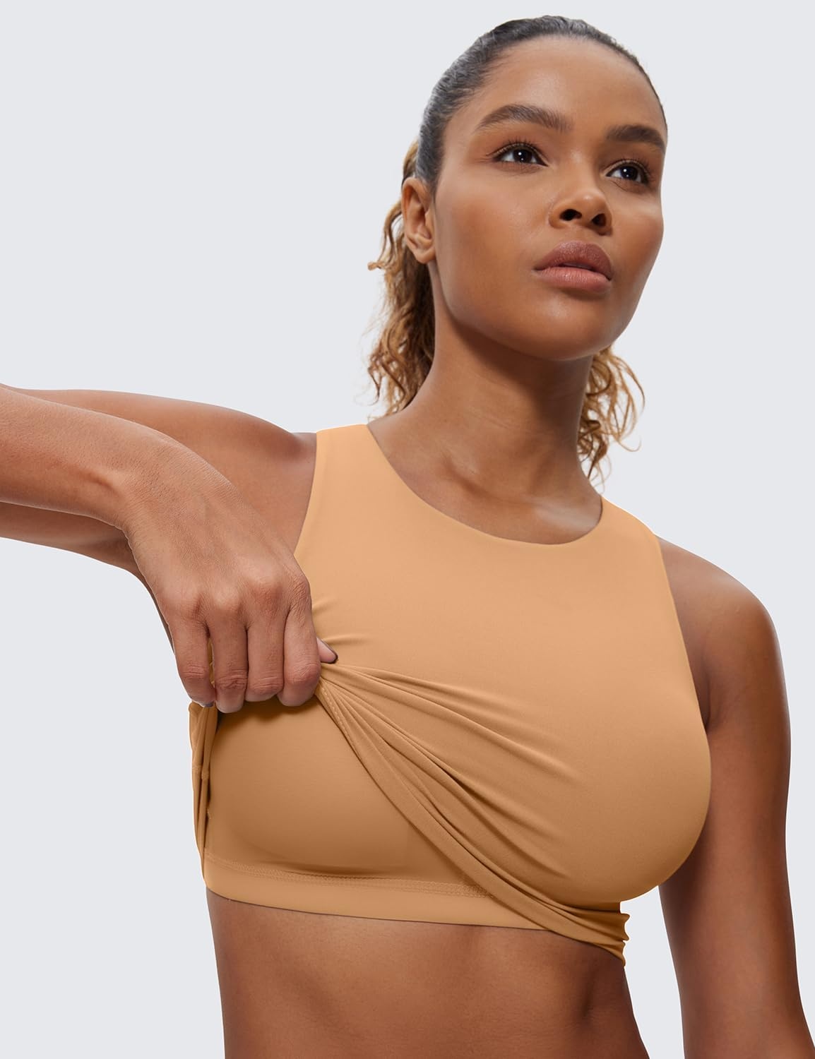 image:imageCRZ YOGA Butterluxe High Neck Crop Tank Tops for Women Racerback Padded Longline Sports Bras WorkoutDoe Brown
