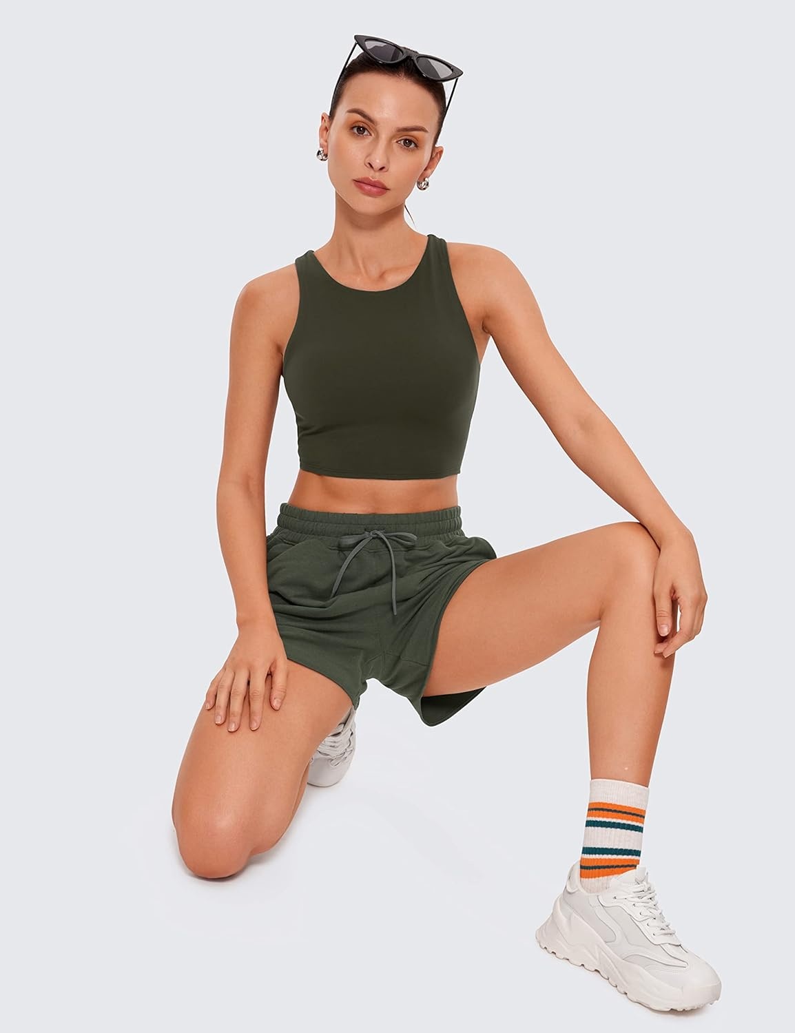 image:imageCRZ YOGA Butterluxe High Neck Crop Tank Tops for Women Racerback Padded Longline Sports Bras WorkoutOlive Green
