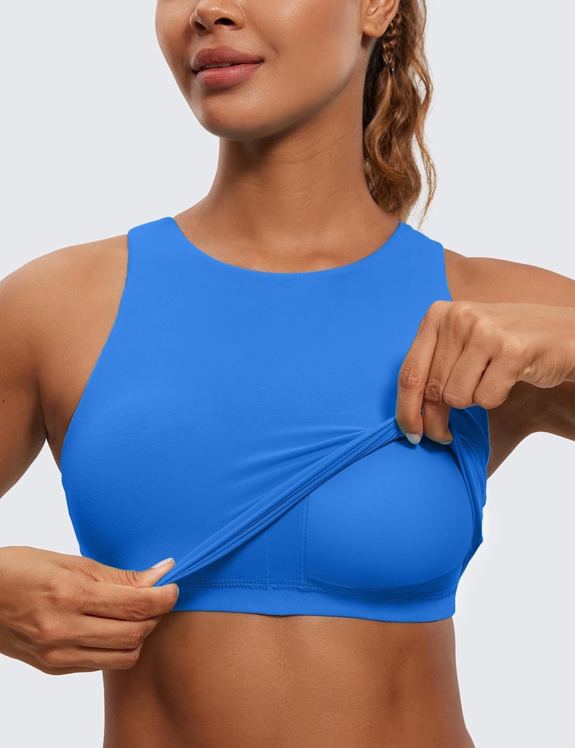 image:imageCRZ YOGA Butterluxe High Neck Crop Tank Tops for Women Racerback Padded Longline Sports Bras WorkoutSparkle Blue