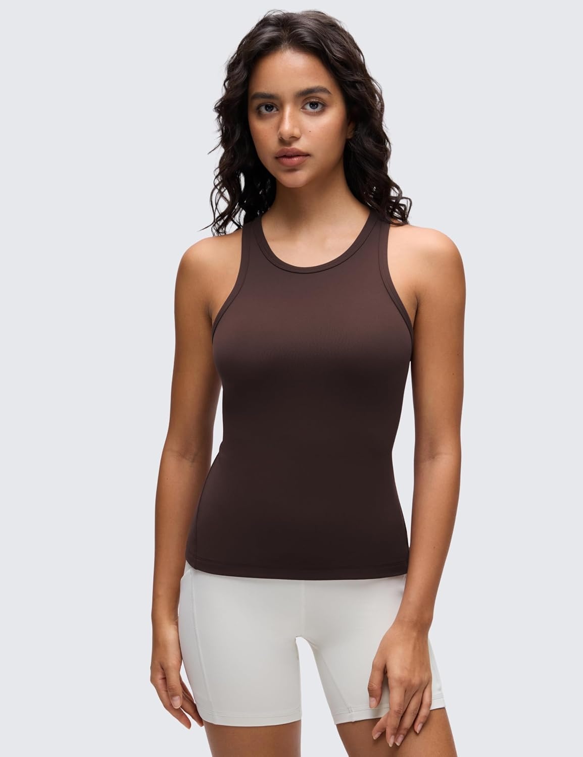 image:imageCRZ YOGA Butterluxe High Neck Tank Tops for Women Yoga Workout Athletic Gym Camisole Racerback Sleeveless ShirtsHot Fudge Brown