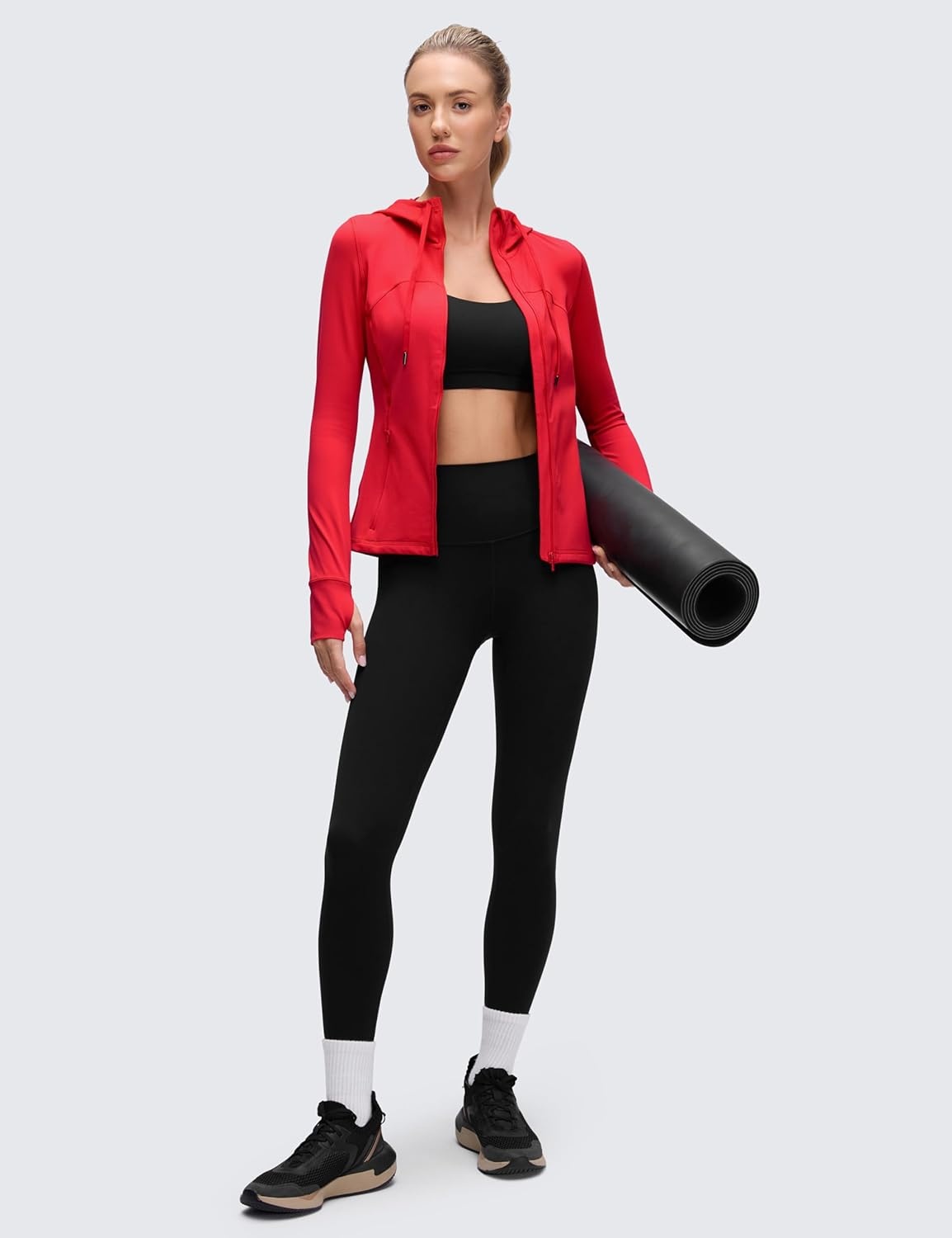 image:imageCRZ YOGA Butterluxe Hooded Athletic Jackets for Women Full Zip Track Casual Tops with Thumb Holes PocketsAurora Red