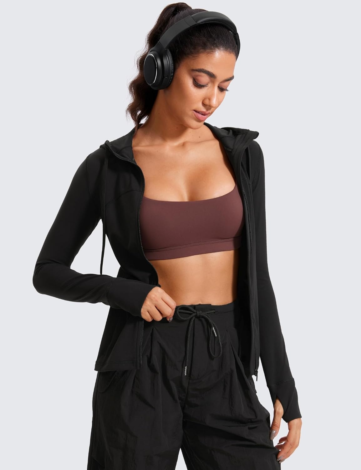 image:imageCRZ YOGA Butterluxe Hooded Athletic Jackets for Women Full Zip Track Casual Tops with Thumb Holes PocketsBlack