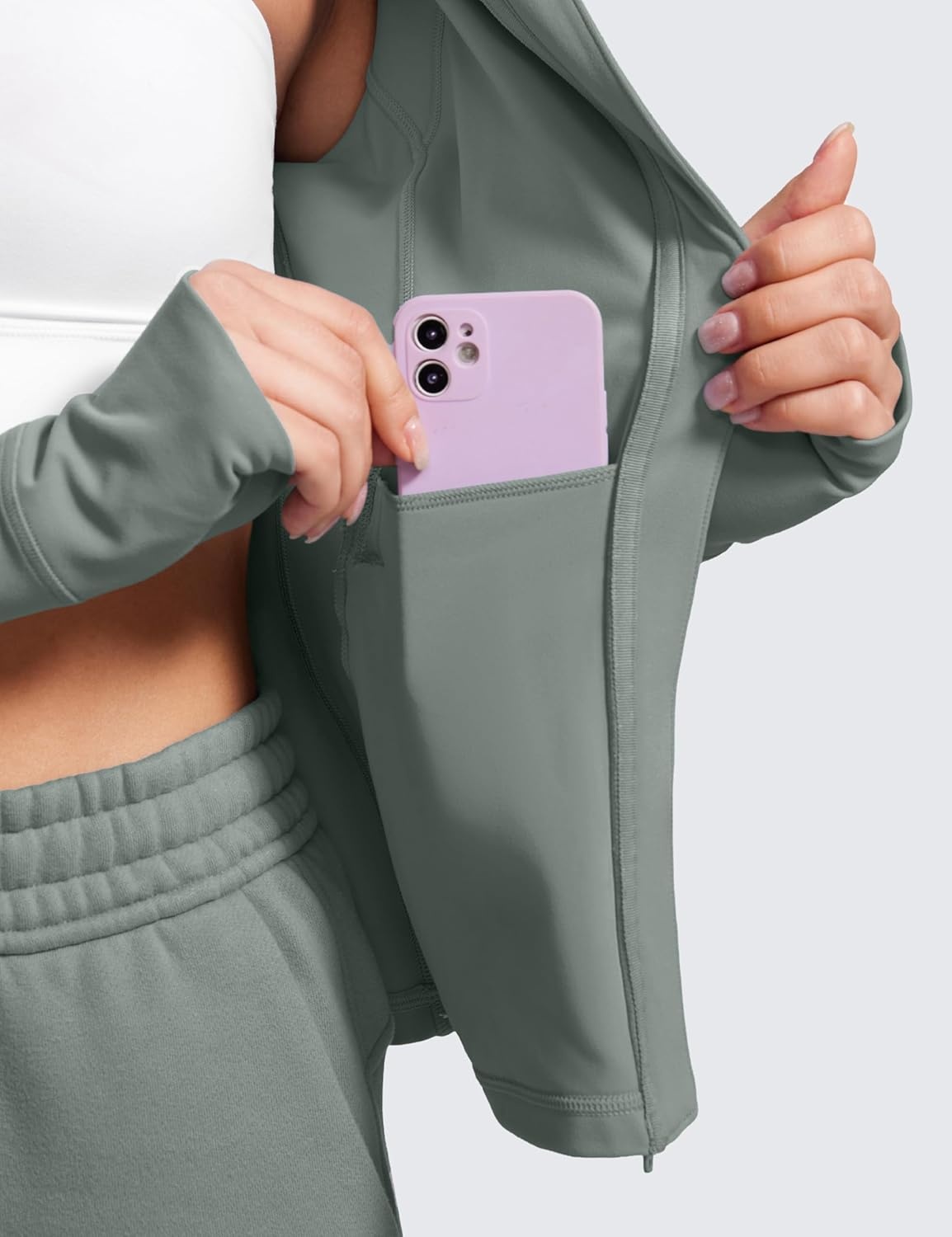 image:imageCRZ YOGA Butterluxe Hooded Athletic Jackets for Women Full Zip Track Casual Tops with Thumb Holes PocketsGrey Sage