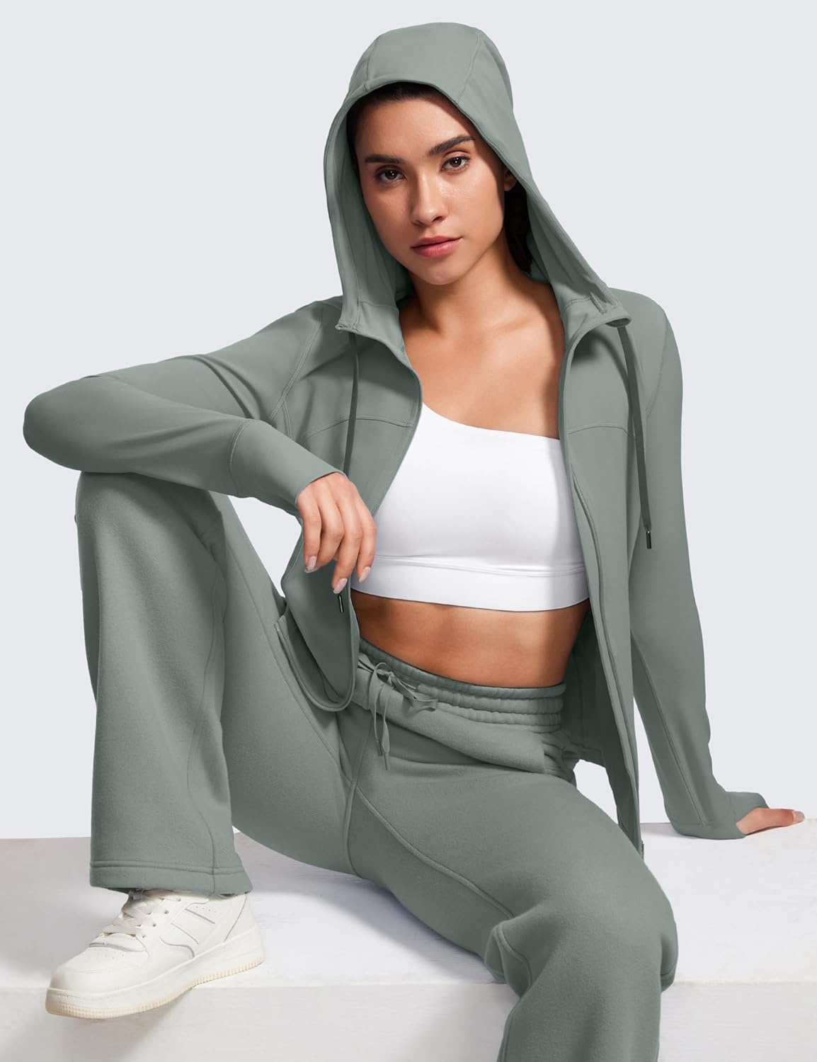 image:imageCRZ YOGA Butterluxe Hooded Athletic Jackets for Women Full Zip Track Casual Tops with Thumb Holes PocketsGrey Sage