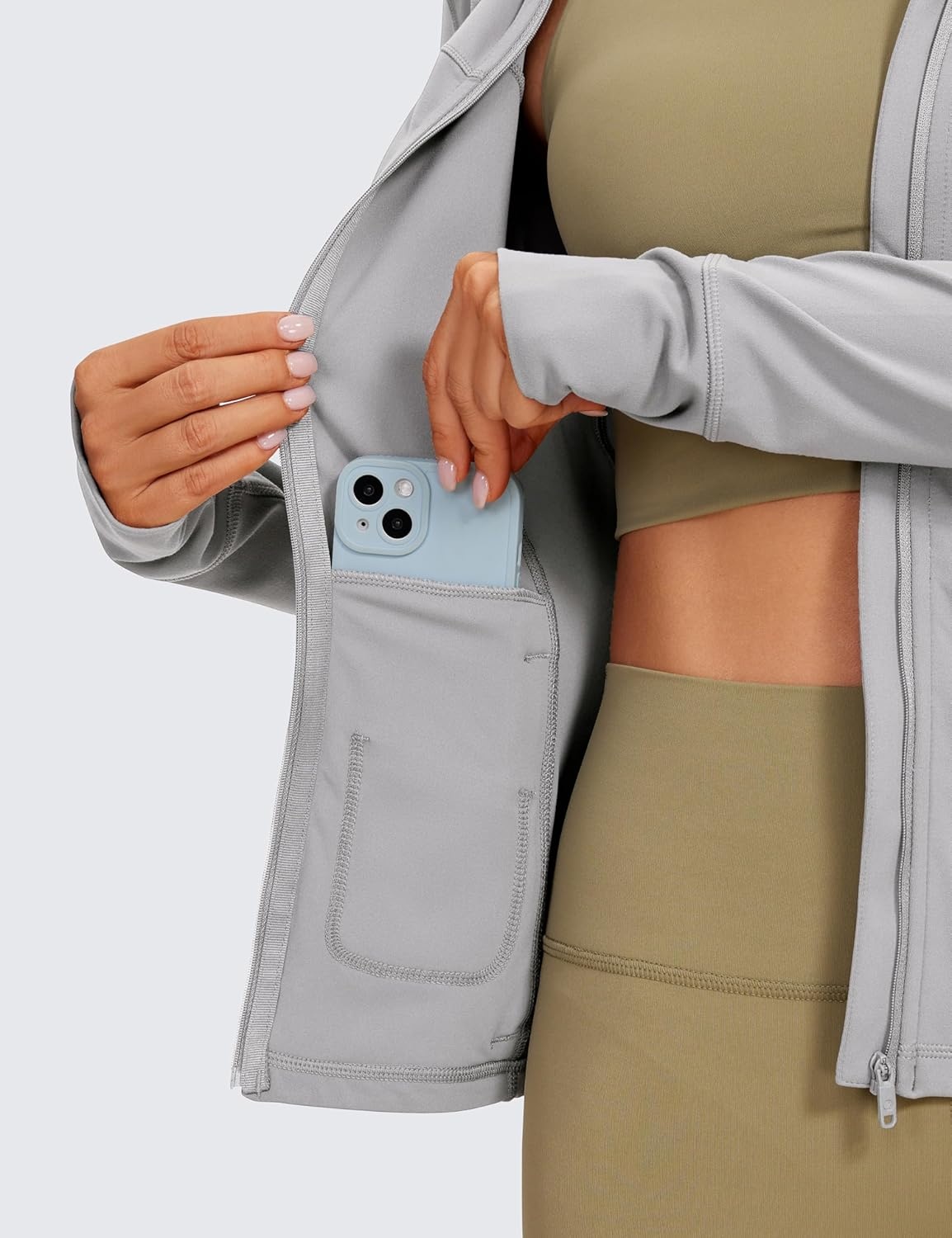 image:imageCRZ YOGA Butterluxe Hooded Athletic Jackets for Women Full Zip Track Casual Tops with Thumb Holes PocketsGull Gray