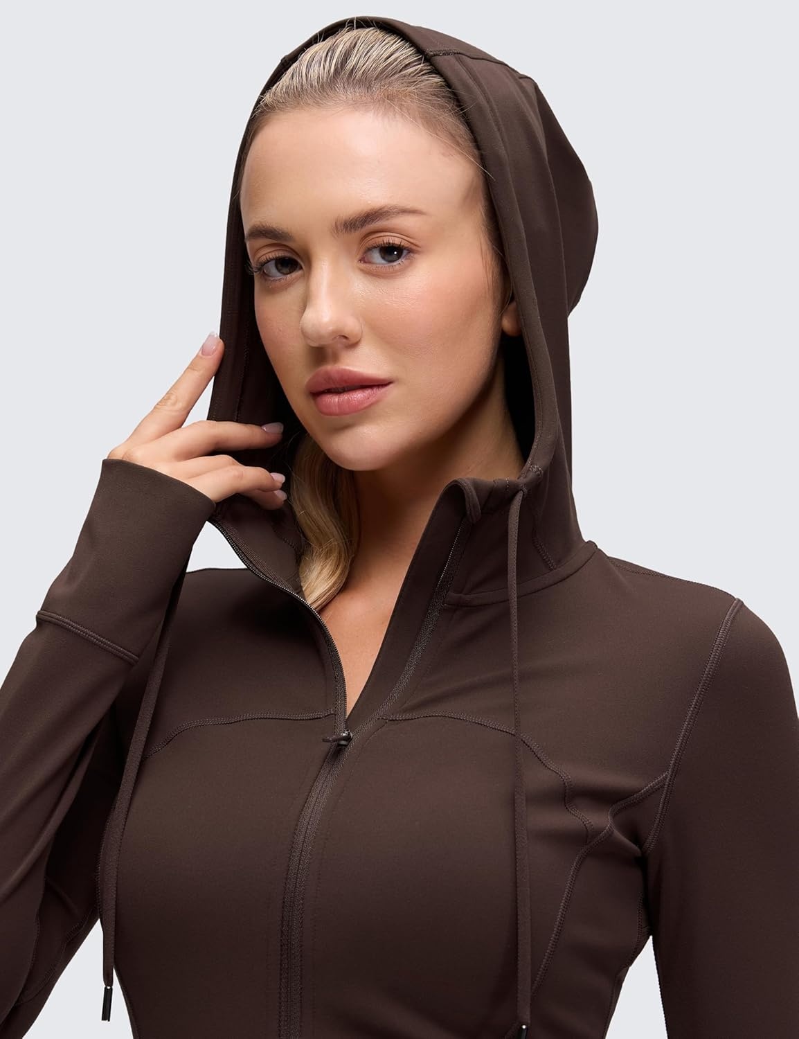 image:imageCRZ YOGA Butterluxe Hooded Athletic Jackets for Women Full Zip Track Casual Tops with Thumb Holes PocketsHot Fudge Brown