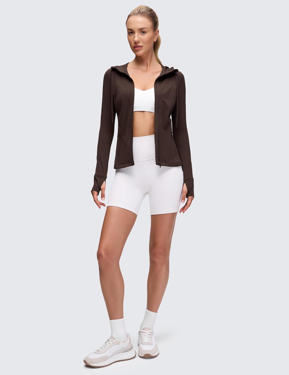 image:imageCRZ YOGA Butterluxe Hooded Athletic Jackets for Women Full Zip Track Casual Tops with Thumb Holes PocketsHot Fudge Brown