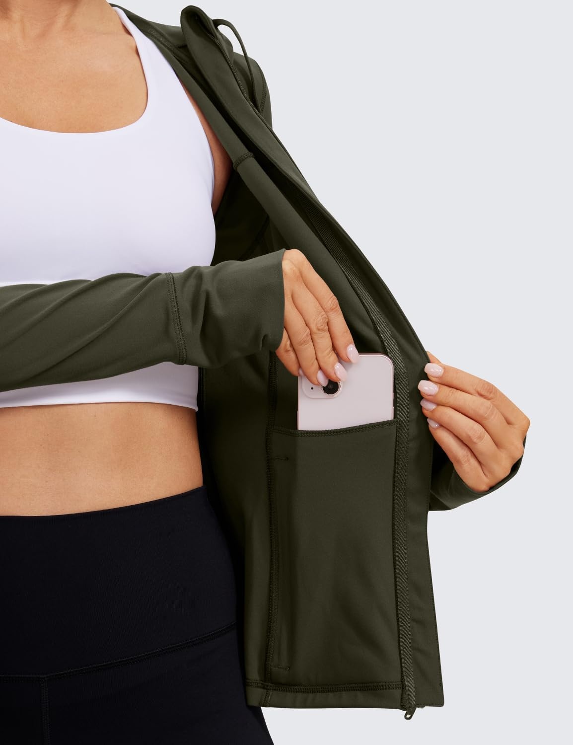 image:imageCRZ YOGA Butterluxe Hooded Athletic Jackets for Women Full Zip Track Casual Tops with Thumb Holes PocketsOlive Green