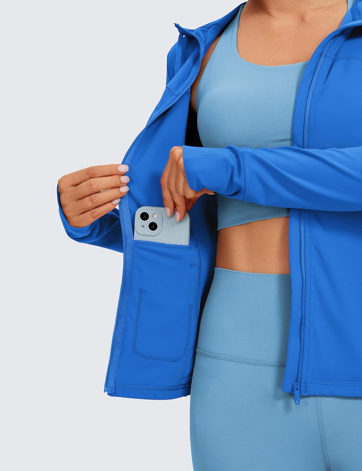image:imageCRZ YOGA Butterluxe Hooded Athletic Jackets for Women Full Zip Track Casual Tops with Thumb Holes PocketsSparkle Blue