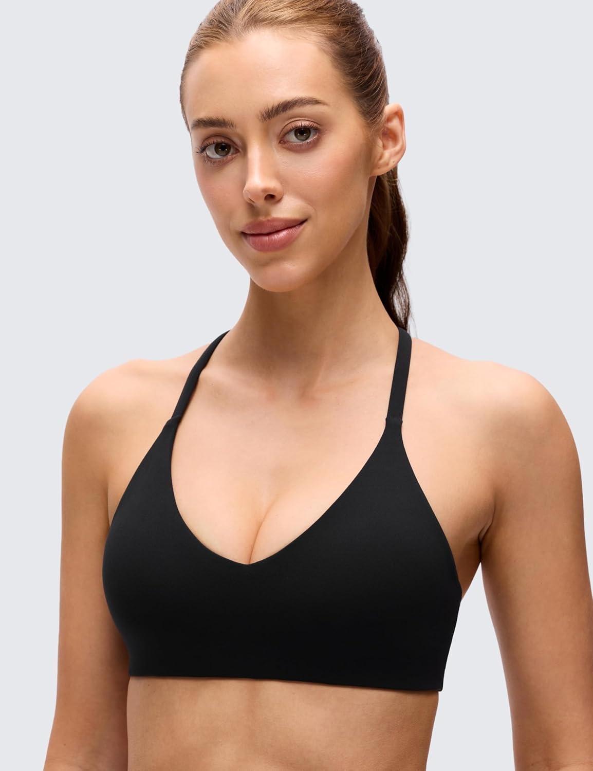 image:imageCRZ YOGA Butterluxe Low Coverage V Neck Sports Bras for Women Spaghetti Straps Racerback Padded Yoga TopBlack