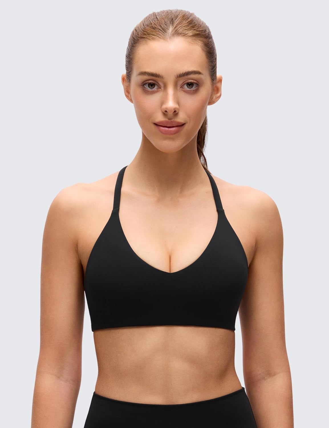 image:imageCRZ YOGA Butterluxe Low Coverage V Neck Sports Bras for Women Spaghetti Straps Racerback Padded Yoga TopBlack